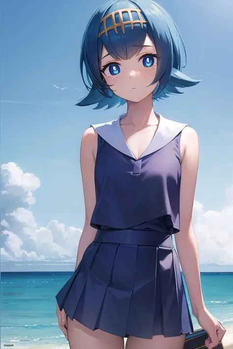 pokemonlana, <lora:pokemonlana-lora-nochekaiser:1>,
pokemonlana, blue eyes, blue hair, freckles, hairband, short hair, white pupils, yellow hairband, (bright pupils:1.5),
BREAK bare arms, black thighhighs, blue sailor collar, blue skirt, collarbone, one-piece swimsuit, pleated skirt, sailor collar, shirt, skirt, sleeveless, sleeveless shirt, swimsuit, swimsuit under clothes, thighhighs, white shirt,
BREAK looking at viewer, full body, (cowboy shot:1.5),
BREAK outdoors, beach, ocean, sea,
BREAK <lyco:GoodHands-beta2:1>, (masterpiece:1.2), best quality, high resolution, unity 8k wallpaper, (illustration:0.8), (beautiful detailed eyes:1.6), extremely detailed face, perfect lighting, extremely detailed CG, (perfect hands, perfect anatomy),