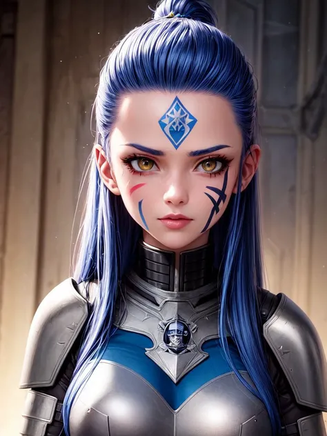 ((best quality)), ((masterpiece)), (detailed:1.2), (8k beautiful 1girl:1.1), <lora:add_detail:1.2>
Type: sfw
Type2: girl
Hairstyle: shaved sides
Hair Color: blue hair
Hair length: long hair
Facial expression: determined
Clothing(comma tags): "raider armor, face paint, metal arm armor"
Background: "(raider stronghold:1.3)"