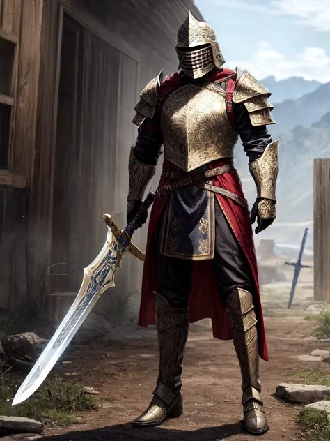 ((best quality)), ((masterpiece)), detailed ,
8k ,
Type: Field Warrior
Attire: "Heavy battle armor with metallic overlays and ornate designs, long leather cloak and a knitted vest, sturdy boots, ornamental helmet with feathers"
Weapon: "Powerful two-handed sword with runic embellishments and engravings, carried with strength and grace"
Background: "A rugged battlefield surrounded by war-torn landscapes"
<lora:more_details:0.9>,