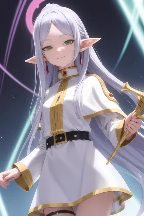 1girl, belt, capelet, closed mouth, earrings, elf, flower, frieren, holding, holding staff, jewelry, light rays, long hair, long sleeves, looking at viewer, on bed, outdoors, parted bangs, pointy ears, ribs, ring, shirt, smile, solo, wagashi, white capelet, white dress <lora:frieren:0.7>, illustration of a anime girl imagination, art brut, polychromatic neon, phantasmagoria, vray, polychromatic noir, hyperrealistic photo by Seebas Apterus and Larry Bell art, blending, smooth, serious, detailed expressions, artstyle, detailed eyes, HDR, UHD, 64k, RTX, sharp, sharp focus, highly detailed, intricate detail, professional, artistic flow, ultra detailed, high resolution photography, (bright colors)