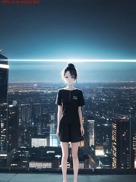 <lora:hyperdetailer_v095:0.4>,
female
Height 139cm
(Age :1.4)
Teal Messy bun with loose face-framing strands
(expressionless :1.5)
Futuristic city skyline with holographic billboards