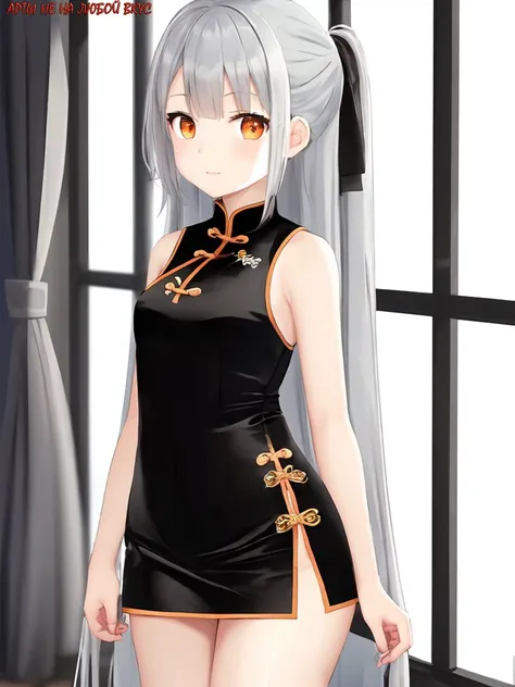 Name: Sunohara Kokona
Gender: female
Height: 139cm
Age: 11
Hair color: silver gray
Hair style: very long straight hair, middle-length sidelocks
Eye color: amber orange
Body figure: short, little-girl-like, skinny and lovely
Outfit: sleeveless chinese-style fusion dress, black jacket, short black socks, white running shoes