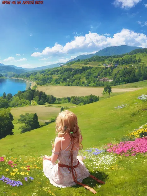 girl
Hairstyle: Loose waves falling to her shoulders
Hair Color: Sun-kissed blonde highlights
Hair length: Shoulder-length
Clothing(comma tags): Floral sundress with spaghetti straps, lace trim, thin belt at waist, white ankle boots, woven leather backpack, floral headband, dainty gold necklace
Pose(comma tags) : Sitting cross-legged on a grassy hill, gazing out at a picturesque landscape, holding a sketchbook and charcoal pencils
Background: A serene outdoor scene featuring rolling green hills, wildflowers in bloom, and a distant sparkling lake reflecting the sky above