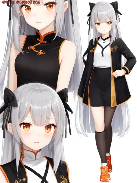 Name: Sunohara Kokona
Gender: female
Race: human
Height: 139cm
Age: 11
Hair color: silver gray
Hair style: very long straight hair, middle-length sidelocks
Eye color: amber orange
Body figure: short, little-girl-like, skinny and lovely
Outfit: sleeveless chinese-style fusion dress, black jacket, short black socks, white running shoes