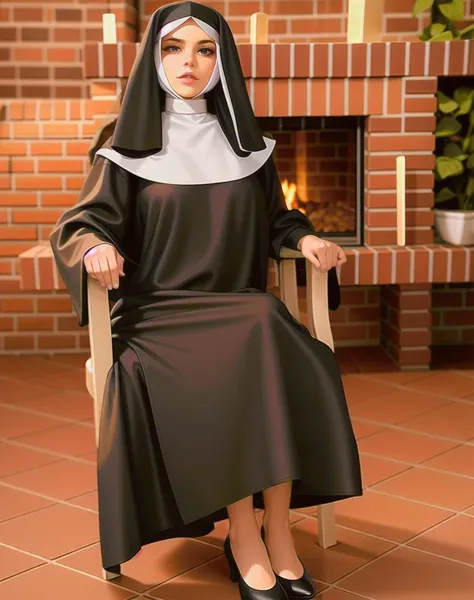 (masterpiece, best quality, absurdres), high quality, highres, ultra detailed, intricate, depth of field, cinematic lighting, soft lighting, 1girl, black dress, brick, brick floor, brick wall, building, chain-link fence, dress, fireplace, habit, hexagon, honeycomb \(pattern\), honeycomb background, nun, pavement, rooftop, silk, solo, spider web, stairs, standing, stone floor, stone wall, tile floor, tile wall, tiles, wall