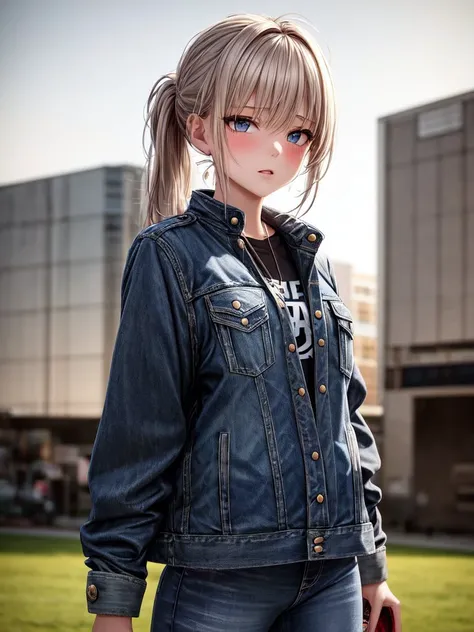 ((best quality)), ((masterpiece)), (detailed:1.2), (8k beautiful 1girl:1.1), <lora:add_detail:1.2>
Type: SFW
Type2: Girl
Hairstyle: Flat ponytail
Hair Color: Gray
Hair length: Short hair
Facial expression: Haggard
Clothing(comma tags): "Worn-out jeans, a battered sports jacket, scuffed sneakers, a keychain with military tags, a dirtied face"
Background: Deserted field