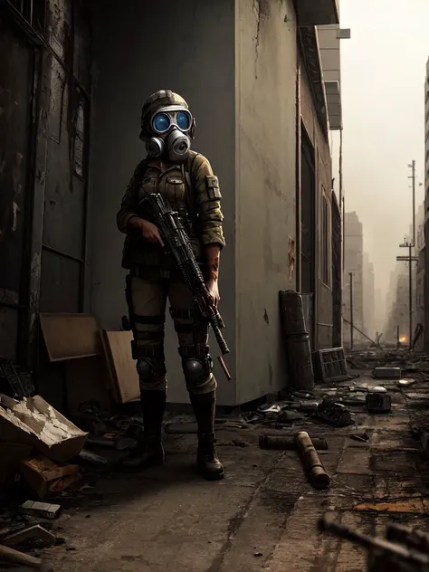 full shot, one male raider in a protective suit and gas mask walks through the ruins of a nuclear power plant, front camera view, high detail, clear focus, dramatic light, post-apocalyptic atmosphere, hdr, 32k, dslr camera, joe bussenik style -- ar 5:4 --auto --s2