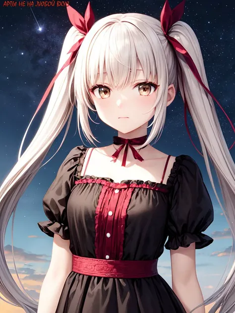 <lora:hyperdetailer_v095:0.4>,
female
Height 139cm
(Age 11:1.4)
Silver Twintails with ribbons
(depressed :1.5)
Meteor Shower