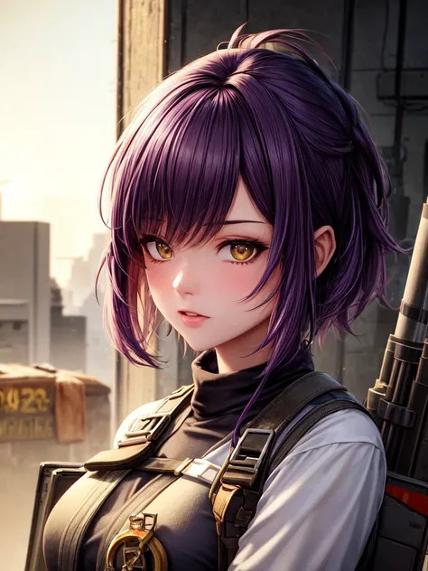 ((best quality)), ((masterpiece)), (detailed:1.2), (8k beautiful 1girl:1.1), <lora:add_detail:1.2>
Type: sfw
Type2: girl
Hairstyle: messy pixie cut
Hair Color: purple hair
Hair length: short hair
Facial expression: determined
Clothing(comma tags): "Minutemen general outfit, laser musket, dogmeat companion, bandolier with ammo"
Background: "Minutemen base"