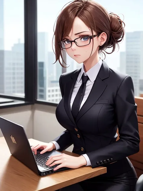((best quality)), ((masterpiece)), (detailed:1.2), 8k beautiful 1girl
Type: sfw
Type2: girl
Hairstyle: messy bun
Hair Color: brown hair
Hair length: shoulder-length hair
Facial expression: determined
Clothing(comma tags): "business suit, high heels, glasses, laptop on desk, holding a pen, briefcase, serious expression"
Background: "office"