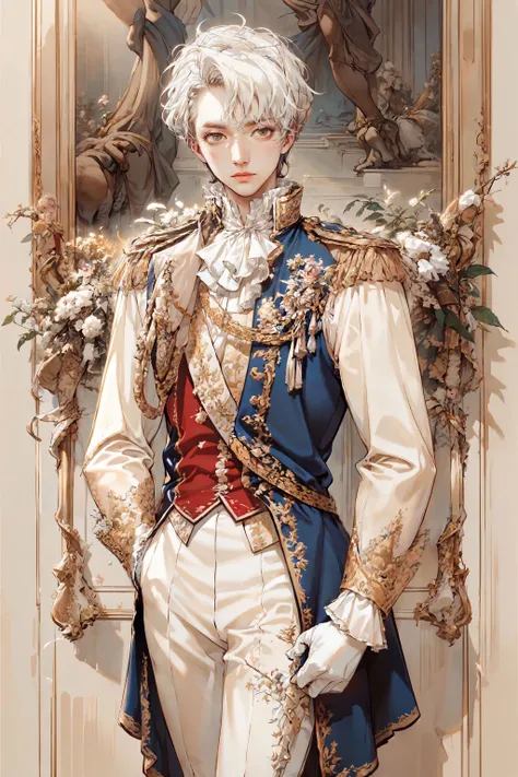 HDR,UHD,8K, best quality, masterpiece, Highly detailed, Studio lighting, physically-based rendering, 1boy, solo,
1boy, black hair, uniform, red rococo costume, rococo style, boots, white gloves, crown,
flowers background, <lora:add_detail:0.3> <lora:RococoPrince:0.7>