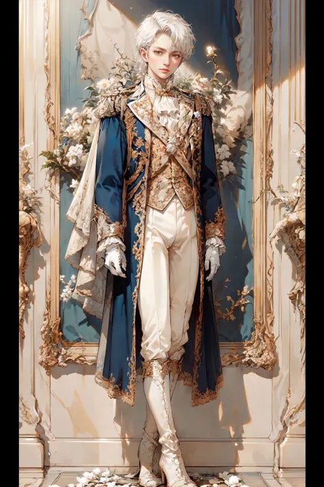 HDR,UHD,8K, best quality, masterpiece, Highly detailed, Studio lighting, physically-based rendering, 1boy, solo,
1boy, white hair, uniform, rococo costume, rococo style, boots, white gloves
flowers background, <lora:add_detail:0.3> <lora:RococoPrince:0.7>