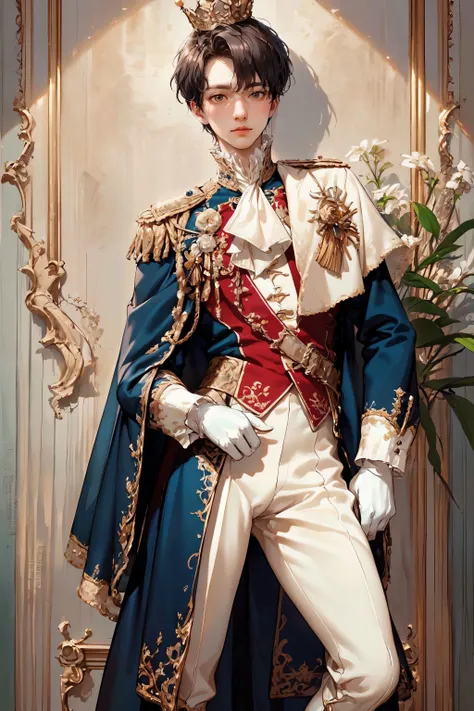 HDR,UHD,8K, best quality, masterpiece, Highly detailed, Studio lighting, physically-based rendering, 1boy, solo,
1boy, black hair, uniform, white rococo costume, rococo style, boots, white gloves, big crown, half cape,
flowers background, <lora:add_detail:0.3> <lora:RococoPrince-000008:0.6>