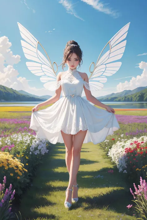 1girl,white dress,short skirt,(very long legs:1.1),(legs apart:1.2),tattoo,nebula,(painted clothes:1.3),standing,(transparent wings:1.3),high heels,high ponytail hanging down to the shoulders,lake,flowers,flowers meadows,grasslands,day,sunny sky,outdoors,<lora:Again_Style_2:1>