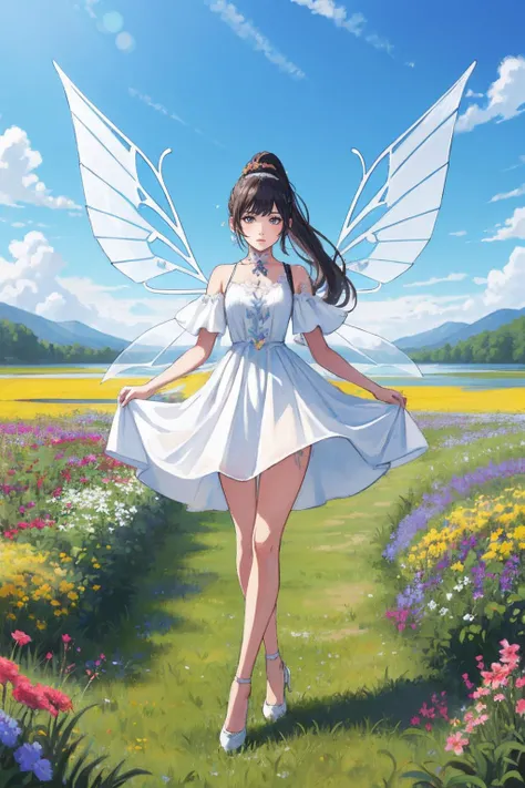 1girl,white dress,short skirt,(very long legs:1.1),(legs apart:1.2),tattoo,nebula,(painted clothes:1.3),standing,(transparent wings:1.3),high heels,high ponytail hanging down to the shoulders,lake,flowers,flowers meadows,grasslands,day,sunny sky,outdoors,<lora:Again_Style_2:1>