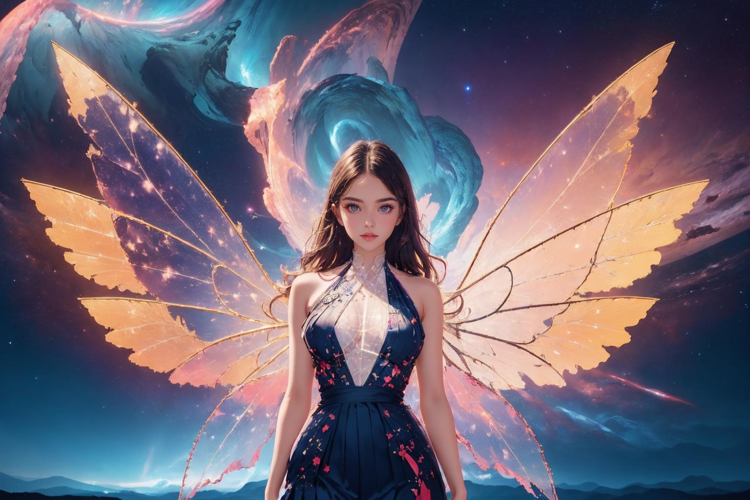 A woman in a dress with wings standing in front of a dragon - SeaArt AI