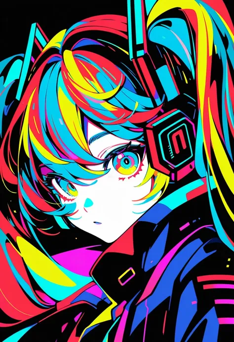 Hatsune Miku,limited palette,black background,colorful,vibrant,glowing outline,neon,blacklight,stylish,chinese artist,black and white,looking at viewer,