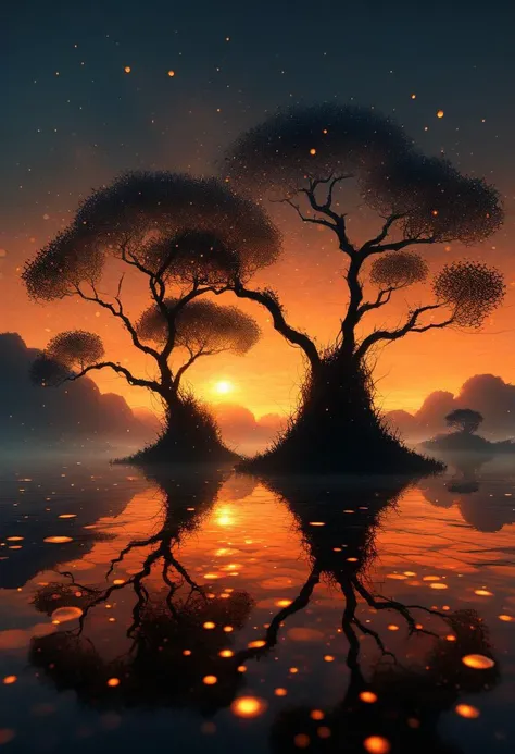 (by Ellen Jewett:1.5), (Bioluminescent Impressionism, close up delicate silhouete of a fishnet stretched betrween two trees, the fishnet is catching the sunlight, making each thread and cell luminous and shinny, droplets of dew iridescent luminous and bright, orange sunset, golden hour, dense mist, monochrome and black shadows, orange light ethereal landscapes, dynamic light, depth of field, biotech emotion:1.3) <lora:xl_more_art-full_v1:0.5> <lora:add-detail-xl:1> <lora:RMSDXL_Creative:2>