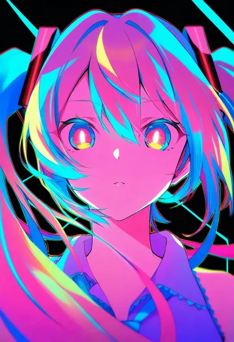 Hatsune Miku,limited palette,black background,colorful,vibrant,glowing outline,neon,blacklight,looking at viewer, masterpiece, very aesthetic