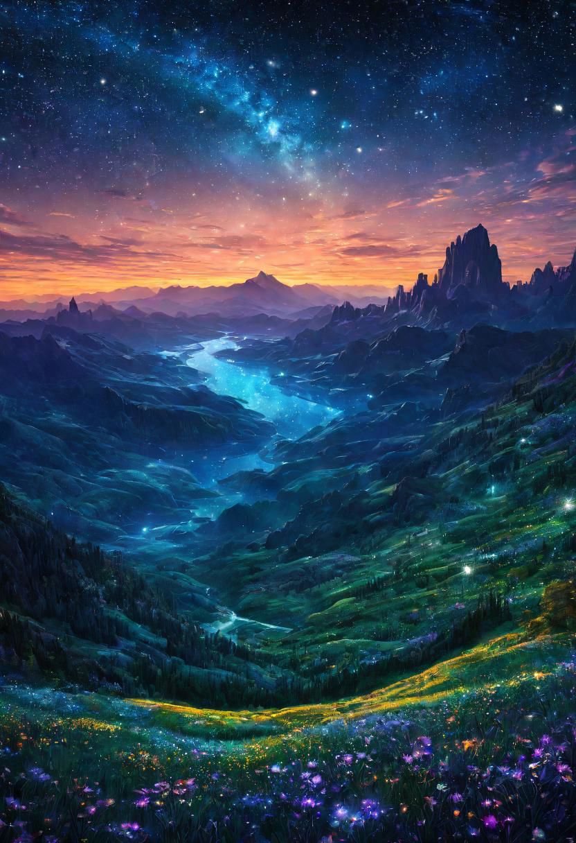 A beautiful mountain landscape with a valley and stars in the sky ...