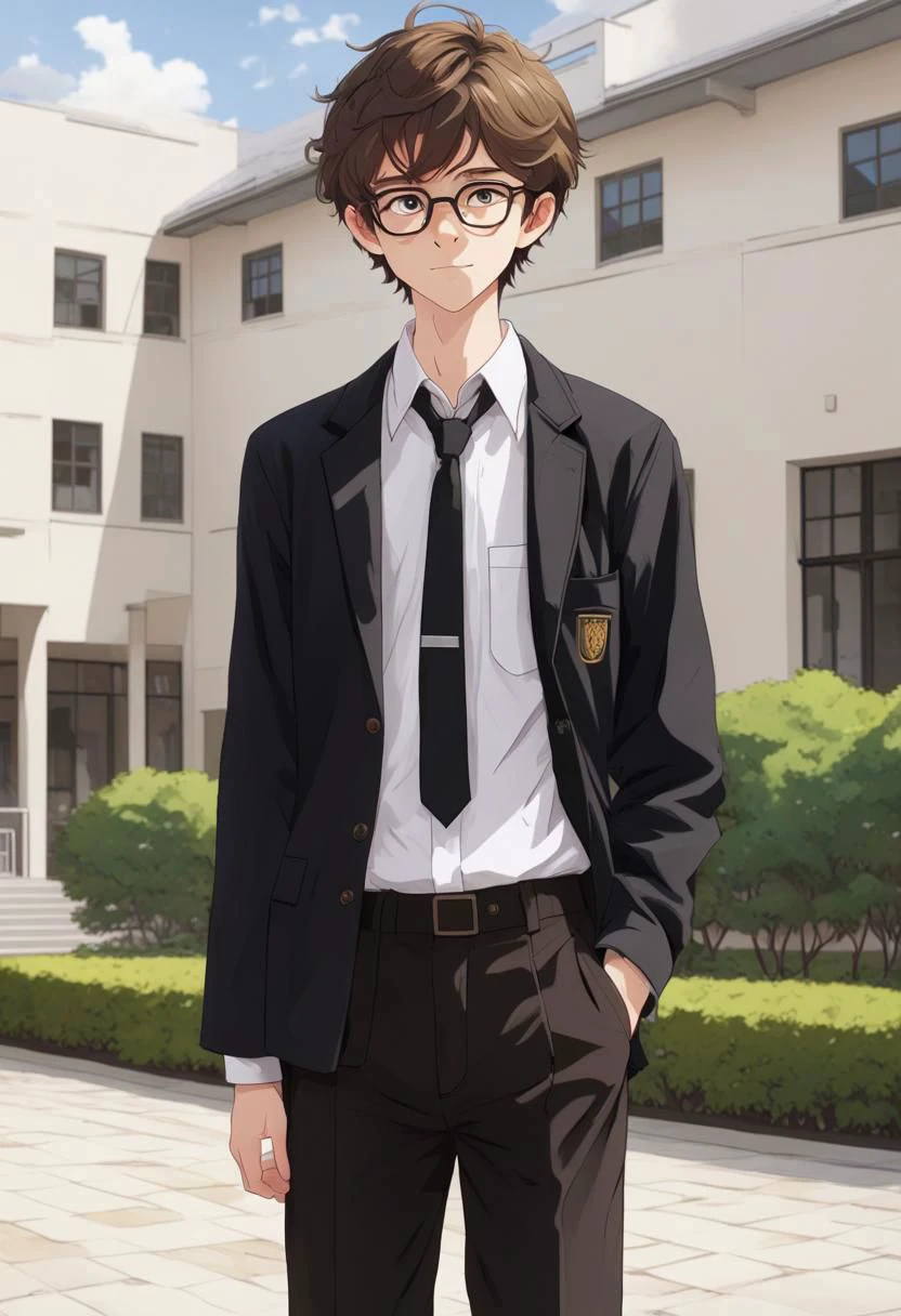 white skin boy, smirk, hazel eyes, short disheveled brown hair, wear glasses, a black pants school uniform, close black uniform jacket, white shirt with black tie, in high school courtyard, full body, ghibli style