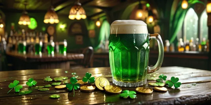 (crystal hump of green beer, waterdrops:0.6, foam:0.8), wooden table, rustic irish pub, (cloverleafs:0.7), golden coins, green lighting, depth of field, highly detailed, 8K, <lora:ral-cltc:0.8>