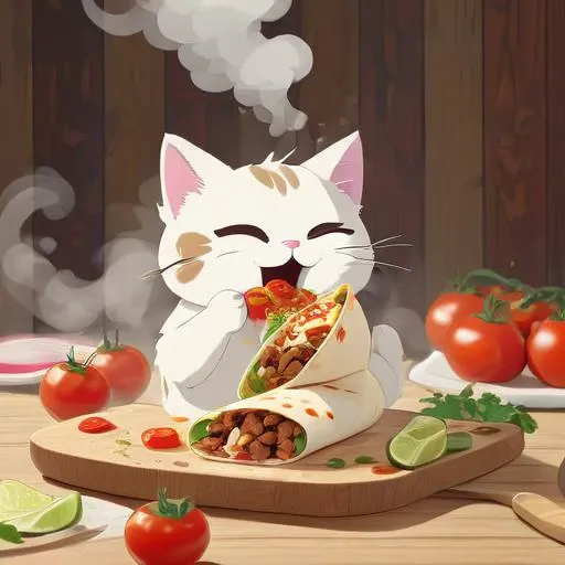 cute cat eating a very appealing burrito on a wooden serving board, ((rising steam)), (tomatoes), (onions), mexico, mexican decoration, beef, 8k, ((flat style)), symple style, studio ghibli,  <lora:Flat style-000014:0.8>