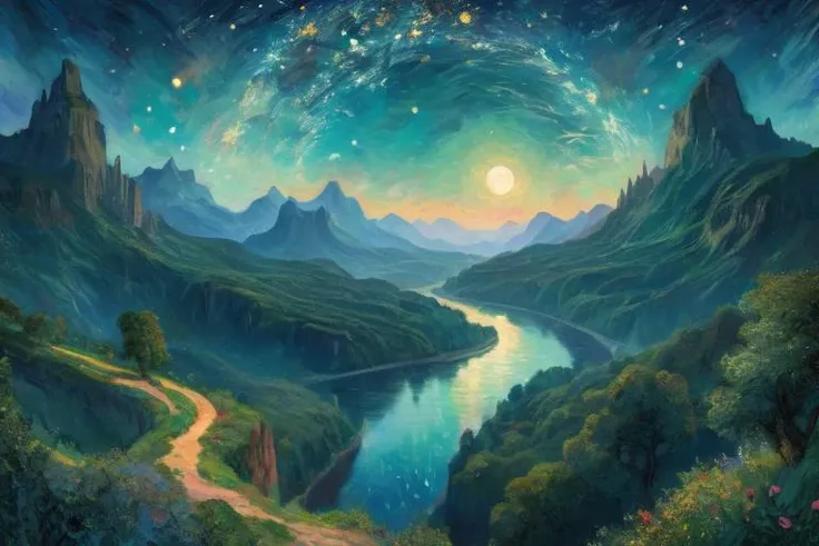 Impressionistic depiction of a high-fantasy landscape with mountains in the distance, surrounded by lush forests and criss-crossed by meandering rivers. The focal point is on a cliff that offers a sweeping view over this majestic panorama. A sea of stars stretches out in the sky, accompanied by a nearby, ring-shaped neighbouring planet orbited by two moons, by Claude Monet, Camille Pissarro and Vincent van Gogh, cinematographic composition, trendy on Artstation.
