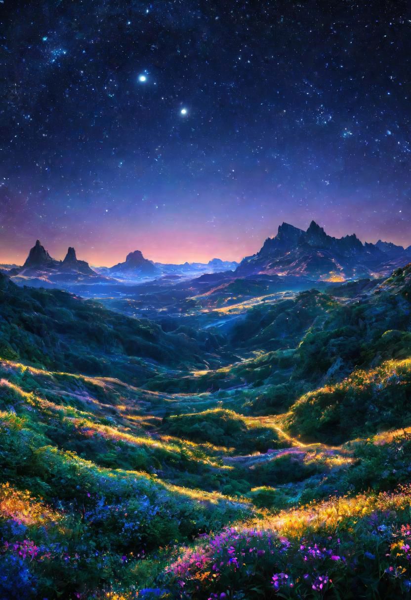 A painting of a mountain landscape with a star filled sky - SeaArt AI