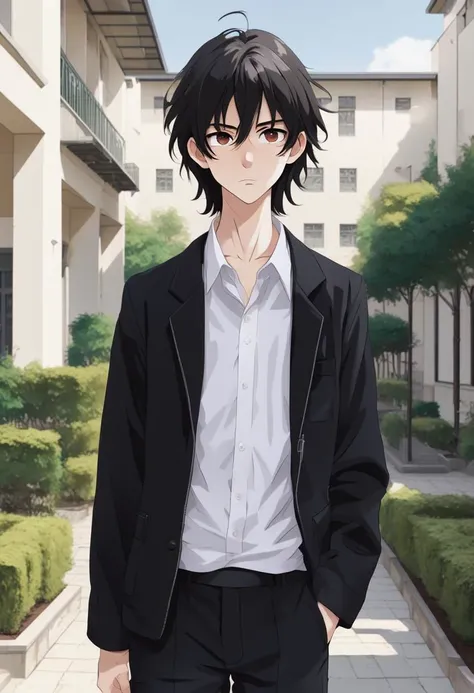 white skin boy, tired, hazel eyes, black half-long hair, wear a black pants school uniform, a open black uniform jacket, a white shirt without tie, in high school courtyard, full body, ghibli style