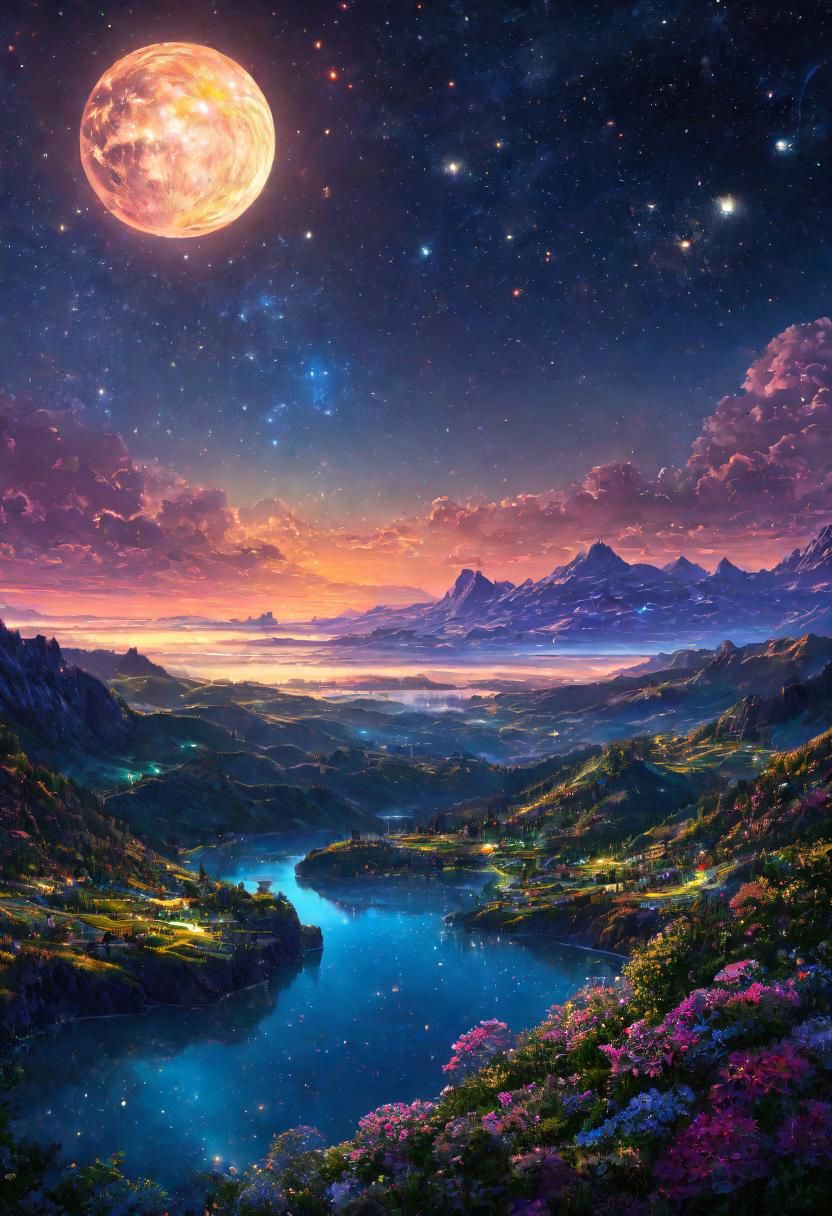 A painting of a mountain landscape with a lake and a full moon - SeaArt AI