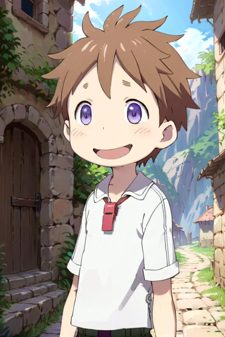 <lora:nat-000025:0.7>
boy named mia_nat standing in a beautiful village,
he is wearing a red whistle around his neck,
he has brown hair blue purple eyes and is smiling, his mouth is closed,
draw it in the style of Made in Abyss
The soft lighting and detailed surroundings create an immersive environment where imagination runs wild
hyper-detailed,hyper-detailed face, high quality visuals, dim Lighting, sharply focused, octane render, 8k UHD