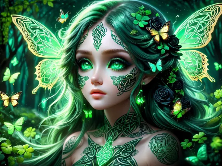 ((a bioluminescent little celtic green circling a black rose)), (green rose), celtic tattooing, (cute), mystical magical primeval forest, (pointed ears:0.75), (full body), (green hair), (long hair), ((detailed butterfly wings:1.5)), high detailed background, depth of field, perfect facial symmetry, Perfect Face, octane render, blushing, unreal engine 3D, cone of light, (hyperdetailed:1.15), hdr, (hyperrealistic:1.5), ultra detailed texture, <lora:ral-cltc:1>