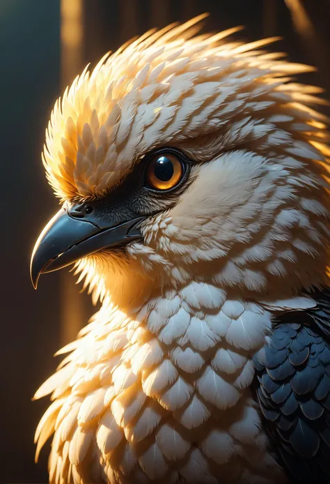 (anime), Ethereal aesthetic, a mesmerizing close-up portrait of a gorgeous little bird illuminated by the soft golden light of a tranquil morning., bright colors, stunning background. dark and moody, a mesmerizing blend of light and shadow. masterpiece, absurdres, intricate details <lora:Caliginous:1.0>