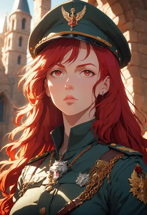 (anime), Medieval aesthetic, a portrait of a soldier with a fierce expression, an angelic Miquelonnais woman with flowing red hair tucked under a military cap, a silver dog tag dangling around her neck, bright colors, stunning background. warm and bright sunlight, a mesmerizing blend of light and shadow. masterpiece, absurdres, intricate details <lora:Caliginous:1.2>