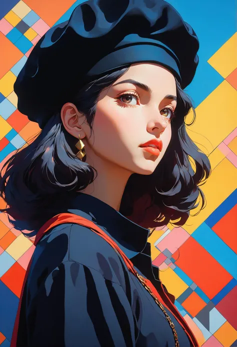 (anime), Wanderlust aesthetic, a determined Cuban woman is an artist in a black beret and smock meticulously mixes primary colors on a large canvas, a geometric grid faintly visible beneath the vibrant paint, soft-hued colors, stunning background. warm and bright sunlight, a mesmerizing blend of light and shadow. masterpiece, absurdres, intricate details <lora:Caliginous:0.8>
