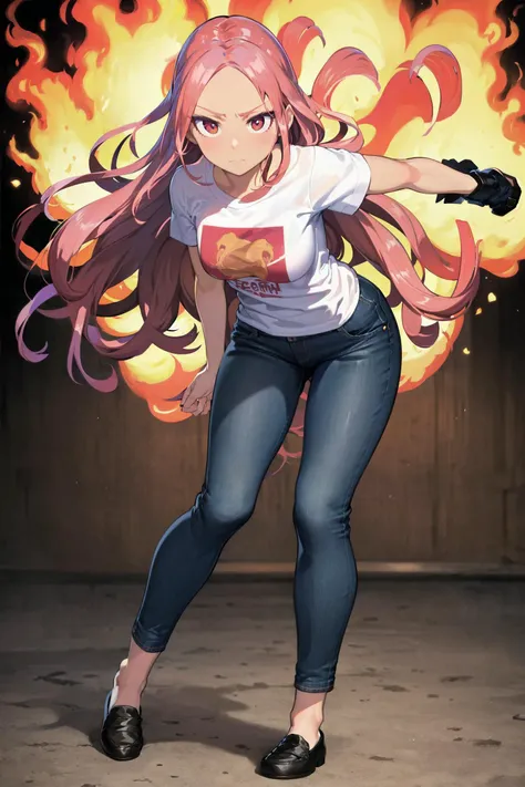 masterpiece, absurdres, high detail, uhd, fire, flaming,
standing, bent down, arm down, punching at ground, looking at viewer, expressionless, serious,
yariri, red hair, forehead, very long hair, floating hair, t-shirt, denim pants, loafers,
<lora:MGCM-riri-t1-000100:0.8>