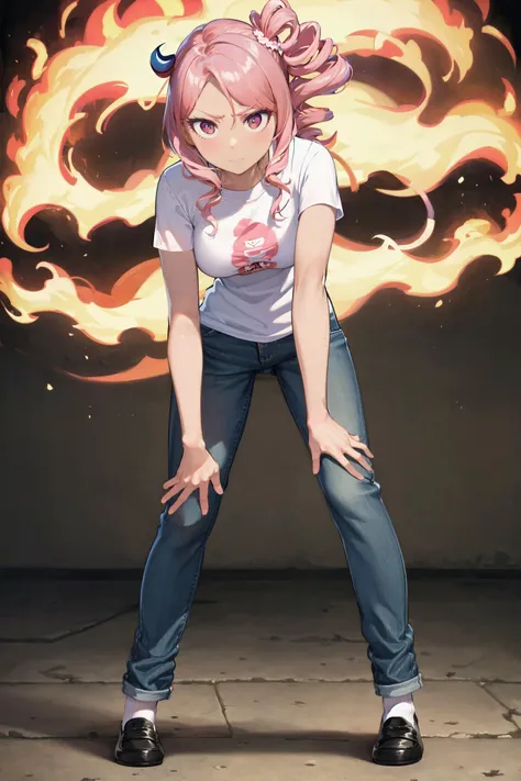 masterpiece, absurdres, high detail, uhd, fire, flaming,
standing, bent down, arm down, punching at ground, looking at viewer, expressionless, serious,
yariri, pink hair, side drill, side ponytail, t-shirt, denim pants, loafers,
<lora:MGCM-riri-t1-000100:0.8>