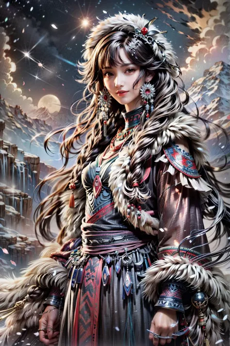 <(best quality, extremery best quality, masterpiece:1.4), (realistic, intricate details:1.4), (photorealistic:1.4), (extremely intricate:1.4), highres, ultra highres, ultra detailed, ultra-detailed, absurdres, incredibly absurdres, extremely detailed, high quality, high resolution, hyperrealistic, ultra-realistic, hyper-detailed, top quality, best, fine detail, massive detail, Highly detailed, extreme detailed, highest detailed, high-res, absolutely resolution, reflection, (refraction:1.4), (hyperrealism:1.4)>, BREAK, (1girl:1.3), solo, looking at viewer, (young cute beautiful 18-year-old girl:1.4), 3d face, (hand of Guido Daniele:1.4), beautiful girl, Beautiful face, pretty, girlface, kpop idol, supermodel, stunning innocent symmetry face, perfect body, medium breast, slim waist, slim legs, (high detailed skin:1.5), glowing eyes, goddess, natural skin texture, shiny skin, White skin, Beautiful detailed face, detailed face, real skin texture, cute delicate face, finely detailed face, golden ratio, golden ratio face, expressive eyes, perfect face, perfect skin, flawless face, clear face, shiny hair, pale skin, Proper body proportion, perfect anatomy, realistic skin texture, luscious lips, glossy lips, natural makeup, beautiful bright pupils, slender figure, intricate eyes, detailed pupils, detailed face and eyes, longeyelashes, blush, good hand, perfect hands, pretty face, beautiful female bodies, finely detailed skin, oily shiny skin, clean facial features, an extremely delicate and beautiful, cute & girly, beautiful detailed eyes, stars in the eyes, detailed simmetric eyes, perfect smooth skin texture, BREAK, (((((brilliant colors, (Tibetan, fur hat, front view, dancing, Prairie, sunset, mountain, Yak, sheep, ride a pink horse, river, pink horses on the river, Wolf:1.4), (Tibetan girl, bonfire, surrounded by vast grasslands, Tibetan tent, traditional clothes, braids, peaceful atmosphere, mountainous backdrop, camping trip, authentic cultural experience, night sky full of stars, crackling fire sounds, quiet whispers, hushed conversations, Tibetan tea, warm blankets, tranquil silence, crisp air, soulful melodies, traditional musical instruments, a sense of belonging, bonding with nature, quiet reflection:1.4), (smile, blush, Pink hair, Pink eye, long hair, Pink eyelashes, Pink lips, Pink lip colour, Eyes glowing Pink, flat bangs, happy expression, warm smile, cute smile, smiling:1.4), (long_hair, mountain background, forest, river in background, landscape, water reflection, outdoors:1.3), (night, Night time, moon light, Golden Hour, sky, landscape, stars, starry, galaxy sky, milky way:1.3), (mountains, full moon background, moutains, breeze, dust is drifting, ethereal, scenery, nature, mysterious background, fog, wind:1.2), (iridescent colors, Iridescence, mysterious, fantasy background, fantasy, open mouth:1.2), (Luminescent Particles:1.3), (fullbody:1.2), (eye focus, face focus, character focus, close-up face:1.2), (dutch angle, cowboy shot:1.3), colorful refraction)))), BREAK, <cinematic portrait, analog film photography, film emulation, bokeh, blurry noise background, watercolor, available light, detailed light, volumetric fog, beautiful lighting, Rembrandt lighting, Cinematic, pixel art, game art, key visual, surreal, PBR Texturing, Anisotropic Filtering, Maximum Clarity And Sharpness, Albedo And Specular Maps, Multi-Layered Textures, Surface Shading, Sub-Pixel Convolution, Sub-Pixel Convolution, Accurate Simulation Of Light-Material Interaction, blurry foreground, broad light, volumetric light effect, matte painting, perfectly defined features, volumetric lighting, Tone Mapping, Lumen Reflections, Global illumination, Ray Tracing, Screen Space Global Illumination, Accent Lighting, 32k, Natural Lighting, volumetric, cinematic masterpiece, Rule of thirds, high dynamic range, Multi-exposure HDR capture, cinematic render, game cg cinematic, atmospheric perspective, scene, epic dynamic frame, motion blur, ((cinematic look, Film look)), rim light, 4k textures, adobe lightroom, photolab, insane details, hyperdetailed, exposure blend, professional color grading, professional color correction, aerial perspective, particles and dust in beams of light, cinematic scene, dynamic lighting, sharp details, lomography, soft focus, light leaks, bold hues, atmospheric depth, (explosive light and shadow:1.2), aesthetics, intricate designs, ultra realistic digital art, (zentangle, mandala, tangle, entangle), (fractal art), elegant, vivid colours, floating particles, particles, dramatic, epic, (ink drawing, oil painting detailed), (dramatic lighting:1.2), RAW, huge filesize, extremery detailed CG, Photo, 8k uhd, cinematic atmosphere, trending on artstation, award-winning glamour photograph, highly detailed photo, official art, beautiful and aesthetic, unity 8k wallpaper, beautiful, highly detailed CG illustration, best illustration, intricate, Amazing, emotional, analog, painting, digital painting, concept art, Oil Painting, illustration, Classical art, Renaissance, Romanticism, Neoclassicism, Color Palette, depth and contrast, Vibrant colors, saturated, rich saturation, color harmony, vivid palette, concept-art, design style, detail character, concept render, colorful, analog photography, dreamy atmosphere, specular highlights, atmospheric lighting, (dynamic angle, dynamic pose :1.3), (shiny, clothes reflecting light, lens flare, bloom effect, light particle, lens glare:1.3), realistic lighting, cinematic light, (cinematic lighting), light in the face, soft lighting, saturated colors, detailed background, sharp focus, 8k high definition, perspective, Master Composition, roughness, post-processing, soft shadows, realistic shadows, ambient occlusion, ray-tracing, subsurface scattering, photon mapping, physically-based rendering, octane rendering, unreal engine 5, ue5 rendering, Adobe After FX, dslr, RTX, Best character details, radiosity, sharp, antialiased, RAW photo, HDR, 8k, 4k, (((Photographed by Roger Deakins, using a RED Monstro 8K VV camera and a series of high-end lenses))), ((Hasselblad photography)), (film grain:1.4), Kodak portra 400, ((Fujifilm X-T5)), professional photograph, depth of field, caustics, Broad lighting, diffuse lighting, rim lighting, two tone lighting, textile details, visible pores, high resolution scan, professionally color graded, photographic reality, automatic white balance, best lighting, detailed shadow, high contrast, strong light and shadow>, (PureErosFace_V1:0.7), (ulzzang-6500:0.7), <lora:epiNoiseoffset_v3:2>, <lora:add_detail:0.7>, <lora:hipoly_3dcg_v7-epoch-000012:0.7>, (kbxll:0.7), <lora:more_details:0.7>, <lora:Tibetan_v1:0.9>