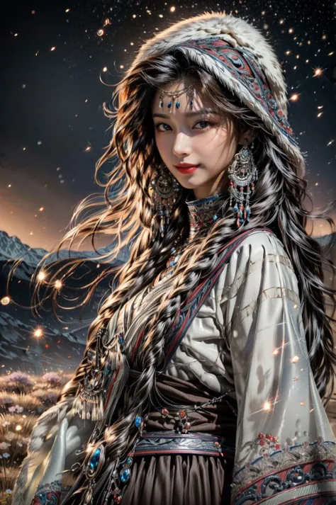 <(best quality, extremery best quality, masterpiece:1.4), (realistic, intricate details:1.4), (photorealistic:1.4), (extremely intricate:1.4), highres, ultra highres, ultra detailed, ultra-detailed, absurdres, incredibly absurdres, extremely detailed, high quality, high resolution, hyperrealistic, ultra-realistic, hyper-detailed, top quality, best, fine detail, massive detail, Highly detailed, extreme detailed, highest detailed, high-res, absolutely resolution, reflection, (refraction:1.4), (hyperrealism:1.4)>, BREAK, (1girl:1.3), solo, looking at viewer, (young cute beautiful 18-year-old girl:1.4), 3d face, (hand of Guido Daniele:1.4), beautiful girl, Beautiful face, pretty, girlface, kpop idol, supermodel, stunning innocent symmetry face, perfect body, medium breast, slim waist, slim legs, (high detailed skin:1.5), glowing eyes, goddess, natural skin texture, shiny skin, White skin, Beautiful detailed face, detailed face, real skin texture, cute delicate face, finely detailed face, golden ratio, golden ratio face, expressive eyes, perfect face, perfect skin, flawless face, clear face, shiny hair, pale skin, Proper body proportion, perfect anatomy, realistic skin texture, luscious lips, glossy lips, natural makeup, beautiful bright pupils, slender figure, intricate eyes, detailed pupils, detailed face and eyes, longeyelashes, blush, good hand, perfect hands, pretty face, beautiful female bodies, finely detailed skin, oily shiny skin, clean facial features, an extremely delicate and beautiful, cute & girly, beautiful detailed eyes, stars in the eyes, detailed simmetric eyes, perfect smooth skin texture, BREAK, (((((brilliant colors, (Tibetan, fur hat, front view, dancing, Prairie, sunset, mountain, Yak, sheep, ride a pink horse, river, pink horses on the river, Wolf:1.4), (Tibetan girl, bonfire, surrounded by vast grasslands, Tibetan tent, traditional clothes, braids, peaceful atmosphere, mountainous backdrop, camping trip, authentic cultural experience, night sky full of stars, crackling fire sounds, quiet whispers, hushed conversations, Tibetan tea, warm blankets, tranquil silence, crisp air, soulful melodies, traditional musical instruments, a sense of belonging, bonding with nature, quiet reflection:1.4), (smile, blush, Pink hair, Pink eye, long hair, Pink eyelashes, Pink lips, Pink lip colour, Eyes glowing Pink, flat bangs, happy expression, warm smile, cute smile, smiling:1.4), (long_hair, mountain background, forest, river in background, landscape, water reflection, outdoors:1.3), (night, Night time, moon light, Golden Hour, sky, landscape, stars, starry, galaxy sky, milky way:1.3), (mountains, full moon background, moutains, breeze, dust is drifting, ethereal, scenery, nature, mysterious background, fog, wind:1.2), (iridescent colors, Iridescence, mysterious, fantasy background, fantasy, open mouth:1.2), (Luminescent Particles:1.3), (fullbody:1.2), (eye focus, face focus, character focus, close-up face:1.2), (dutch angle, cowboy shot:1.3), colorful refraction)))), BREAK, <cinematic portrait, analog film photography, film emulation, bokeh, blurry noise background, watercolor, available light, detailed light, volumetric fog, beautiful lighting, Rembrandt lighting, Cinematic, pixel art, game art, key visual, surreal, PBR Texturing, Anisotropic Filtering, Maximum Clarity And Sharpness, Albedo And Specular Maps, Multi-Layered Textures, Surface Shading, Sub-Pixel Convolution, Sub-Pixel Convolution, Accurate Simulation Of Light-Material Interaction, blurry foreground, broad light, volumetric light effect, matte painting, perfectly defined features, volumetric lighting, Tone Mapping, Lumen Reflections, Global illumination, Ray Tracing, Screen Space Global Illumination, Accent Lighting, 32k, Natural Lighting, volumetric, cinematic masterpiece, Rule of thirds, high dynamic range, Multi-exposure HDR capture, cinematic render, game cg cinematic, atmospheric perspective, movie scene, epic dynamic frame, motion blur, ((cinematic look, Film look)), rim light, 4k textures, adobe lightroom, photolab, insane details, hyperdetailed, exposure blend, professional color grading, professional color correction, aerial perspective, particles and dust in beams of light, cinematic scene, dynamic lighting, sharp details, lomography, soft focus, light leaks, bold hues, atmospheric depth, (explosive light and shadow:1.2), aesthetics, intricate designs, ultra realistic digital art, (zentangle, mandala, tangle, entangle), (fractal art), elegant, vivid colours, floating particles, particles, dramatic, epic, (ink drawing, oil painting detailed), (dramatic lighting:1.2), RAW, huge filesize, extremery detailed CG, Photo, 8k uhd, cinematic atmosphere, trending on artstation, award-winning glamour photograph, highly detailed photo, official art, beautiful and aesthetic, unity 8k wallpaper, beautiful, highly detailed CG illustration, best illustration, intricate, Amazing, emotional, analog, painting, digital painting, concept art, Oil Painting, illustration, Classical art, Renaissance, Romanticism, Neoclassicism, Color Palette, depth and contrast, Vibrant colors, saturated, rich saturation, color harmony, vivid palette, concept-art, design style, detail character, concept render, colorful, analog photography, dreamy atmosphere, specular highlights, atmospheric lighting, (dynamic angle, dynamic pose :1.3), (shiny, clothes reflecting light, lens flare, bloom effect, light particle, lens glare:1.3), realistic lighting, cinematic light, (cinematic lighting), light in the face, soft lighting, saturated colors, detailed background, sharp focus, 8k high definition, perspective, Master Composition, roughness, post-processing, soft shadows, realistic shadows, ambient occlusion, ray-tracing, subsurface scattering, photon mapping, physically-based rendering, octane rendering, unreal engine 5, ue5 rendering, Adobe After FX, dslr, RTX, Best character details, radiosity, sharp, antialiased, RAW photo, HDR, 8k, 4k, (((Photographed by Roger Deakins, using a RED Monstro 8K VV camera and a series of high-end lenses))), ((Hasselblad photography)), (film grain:1.4), Kodak portra 400, ((Fujifilm X-T5)), professional photograph, depth of field, caustics, Broad lighting, diffuse lighting, rim lighting, two tone lighting, textile details, visible pores, high resolution scan, professionally color graded, photographic reality, automatic white balance, best lighting, detailed shadow, high contrast, strong light and shadow>, (PureErosFace_V1:0.7), (ulzzang-6500:0.7), <lora:epiNoiseoffset_v3:2>, <lora:add_detail:0.7>, <lora:hipoly_3dcg_v7-epoch-000012:0.7>, (kbxll:0.7), <lora:more_details:0.7>, <lora:Tibetan_v1:0.9>
