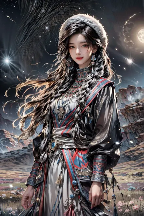 <(best quality, extremery best quality, masterpiece:1.4), (realistic, intricate details:1.4), (photorealistic:1.4), (extremely intricate:1.4), highres, ultra highres, ultra detailed, ultra-detailed, absurdres, incredibly absurdres, extremely detailed, high quality, high resolution, hyperrealistic, ultra-realistic, hyper-detailed, top quality, best, fine detail, massive detail, Highly detailed, extreme detailed, highest detailed, high-res, absolutely resolution, reflection, (refraction:1.4), (hyperrealism:1.4)>, BREAK, (1girl:1.3), solo, looking at viewer, (young cute beautiful 18-year-old girl:1.4), 3d face, (hand of Guido Daniele:1.4), beautiful girl, Beautiful face, pretty, girlface, kpop idol, supermodel, stunning innocent symmetry face, perfect body, medium breast, slim waist, slim legs, (high detailed skin:1.5), glowing eyes, goddess, natural skin texture, shiny skin, White skin, Beautiful detailed face, detailed face, real skin texture, cute delicate face, finely detailed face, golden ratio, golden ratio face, expressive eyes, perfect face, perfect skin, flawless face, clear face, shiny hair, pale skin, Proper body proportion, perfect anatomy, realistic skin texture, luscious lips, glossy lips, natural makeup, beautiful bright pupils, slender figure, intricate eyes, detailed pupils, detailed face and eyes, longeyelashes, blush, good hand, perfect hands, pretty face, beautiful female bodies, finely detailed skin, oily shiny skin, clean facial features, an extremely delicate and beautiful, cute & girly, beautiful detailed eyes, stars in the eyes, detailed simmetric eyes, perfect smooth skin texture, BREAK, (((((brilliant colors, (Tibetan, fur hat, front view, dancing, Prairie, sunset, mountain, Yak, sheep, ride a pink horse, river, pink horses on the river, Wolf:1.4), (Tibetan girl, bonfire, surrounded by vast grasslands, Tibetan tent, traditional clothes, braids, peaceful atmosphere, mountainous backdrop, camping trip, authentic cultural experience, night sky full of stars, crackling fire sounds, quiet whispers, hushed conversations, Tibetan tea, warm blankets, tranquil silence, crisp air, soulful melodies, traditional musical instruments, a sense of belonging, bonding with nature, quiet reflection:1.4), (smile, blush, Pink hair, Pink eye, long hair, Pink eyelashes, Pink lips, Pink lip colour, Eyes glowing Pink, flat bangs, happy expression, warm smile, cute smile, smiling:1.4), (long_hair, mountain background, forest, river in background, landscape, water reflection, outdoors:1.3), (night, Night time, moon light, Golden Hour, sky, landscape, stars, starry, galaxy sky, milky way:1.3), (mountains, full moon background, moutains, breeze, dust is drifting, ethereal, scenery, nature, mysterious background, fog, wind:1.2), (iridescent colors, Iridescence, mysterious, fantasy background, fantasy, open mouth:1.2), (Luminescent Particles:1.3), (fullbody:1.2), (eye focus, face focus, character focus, close-up face:1.2), (dutch angle, cowboy shot:1.3), colorful refraction)))), BREAK, <cinematic portrait, analog film photography, film emulation, bokeh, blurry noise background, watercolor, available light, detailed light, volumetric fog, beautiful lighting, Rembrandt lighting, Cinematic, pixel art, game art, key visual, surreal, PBR Texturing, Anisotropic Filtering, Maximum Clarity And Sharpness, Albedo And Specular Maps, Multi-Layered Textures, Surface Shading, Sub-Pixel Convolution, Sub-Pixel Convolution, Accurate Simulation Of Light-Material Interaction, blurry foreground, broad light, volumetric light effect, matte painting, perfectly defined features, volumetric lighting, Tone Mapping, Lumen Reflections, Global illumination, Ray Tracing, Screen Space Global Illumination, Accent Lighting, 32k, Natural Lighting, volumetric, cinematic masterpiece, Rule of thirds, high dynamic range, Multi-exposure HDR capture, cinematic render, game cg cinematic, atmospheric perspective, movie scene, epic dynamic frame, motion blur, ((cinematic look, Film look)), rim light, 4k textures, adobe lightroom, photolab, insane details, hyperdetailed, exposure blend, professional color grading, professional color correction, aerial perspective, particles and dust in beams of light, cinematic scene, dynamic lighting, sharp details, lomography, soft focus, light leaks, bold hues, atmospheric depth, (explosive light and shadow:1.2), aesthetics, intricate designs, ultra realistic digital art, (zentangle, mandala, tangle, entangle), (fractal art), elegant, vivid colours, floating particles, particles, dramatic, epic, (ink drawing, oil painting detailed), (dramatic lighting:1.2), RAW, huge filesize, extremery detailed CG, Photo, 8k uhd, cinematic atmosphere, trending on artstation, award-winning glamour photograph, highly detailed photo, official art, beautiful and aesthetic, unity 8k wallpaper, beautiful, highly detailed CG illustration, best illustration, intricate, Amazing, emotional, analog, painting, digital painting, concept art, Oil Painting, illustration, Classical art, Renaissance, Romanticism, Neoclassicism, Color Palette, depth and contrast, Vibrant colors, saturated, rich saturation, color harmony, vivid palette, concept-art, design style, detail character, concept render, colorful, analog photography, dreamy atmosphere, specular highlights, atmospheric lighting, (dynamic angle, dynamic pose :1.3), (shiny, clothes reflecting light, lens flare, bloom effect, light particle, lens glare:1.3), realistic lighting, cinematic light, (cinematic lighting), light in the face, soft lighting, saturated colors, detailed background, sharp focus, 8k high definition, perspective, Master Composition, roughness, post-processing, soft shadows, realistic shadows, ambient occlusion, ray-tracing, subsurface scattering, photon mapping, physically-based rendering, octane rendering, unreal engine 5, ue5 rendering, Adobe After FX, dslr, RTX, Best character details, radiosity, sharp, antialiased, RAW photo, HDR, 8k, 4k, (((Photographed by Roger Deakins, using a RED Monstro 8K VV camera and a series of high-end lenses))), ((Hasselblad photography)), (film grain:1.4), Kodak portra 400, ((Fujifilm X-T5)), professional photograph, depth of field, caustics, Broad lighting, diffuse lighting, rim lighting, two tone lighting, textile details, visible pores, high resolution scan, professionally color graded, photographic reality, automatic white balance, best lighting, detailed shadow, high contrast, strong light and shadow>, (PureErosFace_V1:0.7), (ulzzang-6500:0.7), <lora:epiNoiseoffset_v3:2>, <lora:add_detail:0.7>, <lora:hipoly_3dcg_v7-epoch-000012:0.7>, (kbxll:0.7), <lora:more_details:0.7>, <lora:Tibetan_v1:0.9>