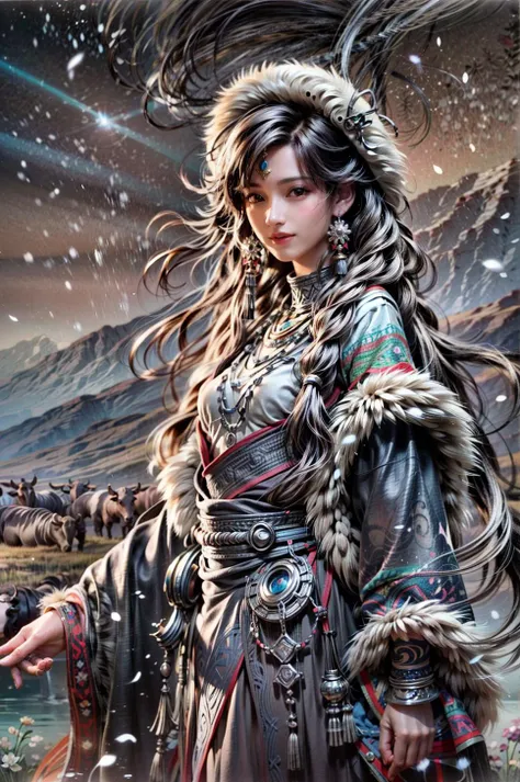 <(best quality, extremery best quality, masterpiece:1.4), (realistic, intricate details:1.4), (photorealistic:1.4), (extremely intricate:1.4), highres, ultra highres, ultra detailed, ultra-detailed, absurdres, incredibly absurdres, extremely detailed, high quality, high resolution, hyperrealistic, ultra-realistic, hyper-detailed, top quality, best, fine detail, massive detail, Highly detailed, extreme detailed, highest detailed, high-res, absolutely resolution, reflection, (refraction:1.4), (hyperrealism:1.4)>, BREAK, (1girl:1.3), solo, looking at viewer, (young cute beautiful 18-year-old girl:1.4), 3d face, (hand of Guido Daniele:1.4), beautiful girl, Beautiful face, pretty, girlface, kpop idol, supermodel, stunning innocent symmetry face, perfect body, medium breast, slim waist, slim legs, (high detailed skin:1.5), glowing eyes, goddess, natural skin texture, shiny skin, White skin, Beautiful detailed face, detailed face, real skin texture, cute delicate face, finely detailed face, golden ratio, golden ratio face, expressive eyes, perfect face, perfect skin, flawless face, clear face, shiny hair, pale skin, Proper body proportion, perfect anatomy, realistic skin texture, luscious lips, glossy lips, natural makeup, beautiful bright pupils, slender figure, intricate eyes, detailed pupils, detailed face and eyes, longeyelashes, blush, good hand, perfect hands, pretty face, beautiful female bodies, finely detailed skin, oily shiny skin, clean facial features, an extremely delicate and beautiful, cute & girly, beautiful detailed eyes, stars in the eyes, detailed simmetric eyes, perfect smooth skin texture, BREAK, (((((brilliant colors, (Tibetan, fur hat, front view, dancing, Prairie, sunset, mountain, Yak, sheep, ride a pink horse, river, pink horses on the river, Wolf:1.4), (Tibetan girl, bonfire, surrounded by vast grasslands, Tibetan tent, traditional clothes, braids, peaceful atmosphere, mountainous backdrop, camping trip, authentic cultural experience, night sky full of stars, crackling fire sounds, quiet whispers, hushed conversations, Tibetan tea, warm blankets, tranquil silence, crisp air, soulful melodies, traditional musical instruments, a sense of belonging, bonding with nature, quiet reflection:1.4), (smile, blush, Pink hair, Pink eye, long hair, Pink eyelashes, Pink lips, Pink lip colour, Eyes glowing Pink, flat bangs, happy expression, warm smile, cute smile, smiling:1.4), (long_hair, mountain background, forest, river in background, landscape, water reflection, outdoors:1.3), (night, Night time, moon light, Golden Hour, sky, landscape, stars, starry, galaxy sky, milky way:1.3), (mountains, full moon background, moutains, breeze, dust is drifting, ethereal, scenery, nature, mysterious background, fog, wind:1.2), (iridescent colors, Iridescence, mysterious, fantasy background, fantasy, open mouth:1.2), (Luminescent Particles:1.3), (fullbody:1.2), (eye focus, face focus, character focus, close-up face:1.2), (dutch angle, cowboy shot:1.3), colorful refraction)))), BREAK, <cinematic portrait, analog film photography, film emulation, bokeh, blurry noise background, watercolor, available light, detailed light, volumetric fog, beautiful lighting, Rembrandt lighting, Cinematic, pixel art, game art, key visual, surreal, PBR Texturing, Anisotropic Filtering, Maximum Clarity And Sharpness, Albedo And Specular Maps, Multi-Layered Textures, Surface Shading, Sub-Pixel Convolution, Sub-Pixel Convolution, Accurate Simulation Of Light-Material Interaction, blurry foreground, broad light, volumetric light effect, matte painting, perfectly defined features, volumetric lighting, Tone Mapping, Lumen Reflections, Global illumination, Ray Tracing, Screen Space Global Illumination, Accent Lighting, 32k, Natural Lighting, volumetric, cinematic masterpiece, Rule of thirds, high dynamic range, Multi-exposure HDR capture, cinematic render, game cg cinematic, atmospheric perspective, scene, epic dynamic frame, motion blur, ((cinematic look, Film look)), rim light, 4k textures, adobe lightroom, photolab, insane details, hyperdetailed, exposure blend, professional color grading, professional color correction, aerial perspective, particles and dust in beams of light, cinematic scene, dynamic lighting, sharp details, lomography, soft focus, light leaks, bold hues, atmospheric depth, (explosive light and shadow:1.2), aesthetics, intricate designs, ultra realistic digital art, (zentangle, mandala, tangle, entangle), (fractal art), elegant, vivid colours, floating particles, particles, dramatic, epic, (ink drawing, oil painting detailed), (dramatic lighting:1.2), RAW, huge filesize, extremery detailed CG, Photo, 8k uhd, cinematic atmosphere, trending on artstation, award-winning glamour photograph, highly detailed photo, official art, beautiful and aesthetic, unity 8k wallpaper, beautiful, highly detailed CG illustration, best illustration, intricate, Amazing, emotional, analog, painting, digital painting, concept art, Oil Painting, illustration, Classical art, Renaissance, Romanticism, Neoclassicism, Color Palette, depth and contrast, Vibrant colors, saturated, rich saturation, color harmony, vivid palette, concept-art, design style, detail character, concept render, colorful, analog photography, dreamy atmosphere, specular highlights, atmospheric lighting, (dynamic angle, dynamic pose :1.3), (shiny, clothes reflecting light, lens flare, bloom effect, light particle, lens glare:1.3), realistic lighting, cinematic light, (cinematic lighting), light in the face, soft lighting, saturated colors, detailed background, sharp focus, 8k high definition, perspective, Master Composition, roughness, post-processing, soft shadows, realistic shadows, ambient occlusion, ray-tracing, subsurface scattering, photon mapping, physically-based rendering, octane rendering, unreal engine 5, ue5 rendering, Adobe After FX, dslr, RTX, Best character details, radiosity, sharp, antialiased, RAW photo, HDR, 8k, 4k, (((Photographed by Roger Deakins, using a RED Monstro 8K VV camera and a series of high-end lenses))), ((Hasselblad photography)), (film grain:1.4), Kodak portra 400, ((Fujifilm X-T5)), professional photograph, depth of field, caustics, Broad lighting, diffuse lighting, rim lighting, two tone lighting, textile details, visible pores, high resolution scan, professionally color graded, photographic reality, automatic white balance, best lighting, detailed shadow, high contrast, strong light and shadow>, (PureErosFace_V1:0.7), (ulzzang-6500:0.7), <lora:epiNoiseoffset_v3:2>, <lora:add_detail:0.7>, <lora:hipoly_3dcg_v7-epoch-000012:0.7>, (kbxll:0.7), <lora:more_details:0.7>, <lora:Tibetan_v1:0.9>