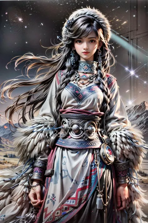 <(best quality, extremery best quality, masterpiece:1.4), (realistic, intricate details:1.4), (photorealistic:1.4), (extremely intricate:1.4), highres, ultra highres, ultra detailed, ultra-detailed, absurdres, incredibly absurdres, extremely detailed, high quality, high resolution, hyperrealistic, ultra-realistic, hyper-detailed, top quality, best, fine detail, massive detail, Highly detailed, extreme detailed, highest detailed, high-res, absolutely resolution, reflection, (refraction:1.4), (hyperrealism:1.4)>, BREAK, (1girl:1.3), solo, looking at viewer, (young cute beautiful 18-year-old girl:1.4), 3d face, (hand of Guido Daniele:1.4), beautiful girl, Beautiful face, pretty, girlface, kpop idol, supermodel, stunning innocent symmetry face, perfect body, medium breast, slim waist, slim legs, (high detailed skin:1.5), glowing eyes, goddess, natural skin texture, shiny skin, White skin, Beautiful detailed face, detailed face, real skin texture, cute delicate face, finely detailed face, golden ratio, golden ratio face, expressive eyes, perfect face, perfect skin, flawless face, clear face, shiny hair, pale skin, Proper body proportion, perfect anatomy, realistic skin texture, luscious lips, glossy lips, natural makeup, beautiful bright pupils, slender figure, intricate eyes, detailed pupils, detailed face and eyes, longeyelashes, blush, good hand, perfect hands, pretty face, beautiful female bodies, finely detailed skin, oily shiny skin, clean facial features, an extremely delicate and beautiful, cute & girly, beautiful detailed eyes, stars in the eyes, detailed simmetric eyes, perfect smooth skin texture, BREAK, (((((brilliant colors, (Tibetan, fur hat, front view, dancing, Prairie, sunset, mountain, Yak, sheep, ride a pink horse, river, pink horses on the river, Wolf:1.4), (Tibetan girl, bonfire, surrounded by vast grasslands, Tibetan tent, traditional clothes, braids, peaceful atmosphere, mountainous backdrop, camping trip, authentic cultural experience, night sky full of stars, crackling fire sounds, quiet whispers, hushed conversations, Tibetan tea, warm blankets, tranquil silence, crisp air, soulful melodies, traditional musical instruments, a sense of belonging, bonding with nature, quiet reflection:1.4), (smile, blush, Pink hair, Pink eye, long hair, Pink eyelashes, Pink lips, Pink lip colour, Eyes glowing Pink, flat bangs, happy expression, warm smile, cute smile, smiling:1.4), (long_hair, mountain background, forest, river in background, landscape, water reflection, outdoors:1.3), (night, Night time, moon light, Golden Hour, sky, landscape, stars, starry, galaxy sky, milky way:1.3), (mountains, full moon background, moutains, breeze, dust is drifting, ethereal, scenery, nature, mysterious background, fog, wind:1.2), (iridescent colors, Iridescence, mysterious, fantasy background, fantasy, open mouth:1.2), (Luminescent Particles:1.3), (fullbody:1.2), (eye focus, face focus, character focus, close-up face:1.2), (dutch angle, cowboy shot:1.3), colorful refraction)))), BREAK, <cinematic portrait, analog film photography, film emulation, bokeh, blurry noise background, watercolor, available light, detailed light, volumetric fog, beautiful lighting, Rembrandt lighting, Cinematic, pixel art, game art, key visual, surreal, PBR Texturing, Anisotropic Filtering, Maximum Clarity And Sharpness, Albedo And Specular Maps, Multi-Layered Textures, Surface Shading, Sub-Pixel Convolution, Sub-Pixel Convolution, Accurate Simulation Of Light-Material Interaction, blurry foreground, broad light, volumetric light effect, matte painting, perfectly defined features, volumetric lighting, Tone Mapping, Lumen Reflections, Global illumination, Ray Tracing, Screen Space Global Illumination, Accent Lighting, 32k, Natural Lighting, volumetric, cinematic masterpiece, Rule of thirds, high dynamic range, Multi-exposure HDR capture, cinematic render, game cg cinematic, atmospheric perspective, scene, epic dynamic frame, motion blur, ((cinematic look, Film look)), rim light, 4k textures, adobe lightroom, photolab, insane details, hyperdetailed, exposure blend, professional color grading, professional color correction, aerial perspective, particles and dust in beams of light, cinematic scene, dynamic lighting, sharp details, lomography, soft focus, light leaks, bold hues, atmospheric depth, (explosive light and shadow:1.2), aesthetics, intricate designs, ultra realistic digital art, (zentangle, mandala, tangle, entangle), (fractal art), elegant, vivid colours, floating particles, particles, dramatic, epic, (ink drawing, oil painting detailed), (dramatic lighting:1.2), RAW, huge filesize, extremery detailed CG, Photo, 8k uhd, cinematic atmosphere, trending on artstation, award-winning glamour photograph, highly detailed photo, official art, beautiful and aesthetic, unity 8k wallpaper, beautiful, highly detailed CG illustration, best illustration, intricate, Amazing, emotional, analog, painting, digital painting, concept art, Oil Painting, illustration, Classical art, Renaissance, Romanticism, Neoclassicism, Color Palette, depth and contrast, Vibrant colors, saturated, rich saturation, color harmony, vivid palette, concept-art, design style, detail character, concept render, colorful, analog photography, dreamy atmosphere, specular highlights, atmospheric lighting, (dynamic angle, dynamic pose :1.3), (shiny, clothes reflecting light, lens flare, bloom effect, light particle, lens glare:1.3), realistic lighting, cinematic light, (cinematic lighting), light in the face, soft lighting, saturated colors, detailed background, sharp focus, 8k high definition, perspective, Master Composition, roughness, post-processing, soft shadows, realistic shadows, ambient occlusion, ray-tracing, subsurface scattering, photon mapping, physically-based rendering, octane rendering, unreal engine 5, ue5 rendering, Adobe After FX, dslr, RTX, Best character details, radiosity, sharp, antialiased, RAW photo, HDR, 8k, 4k, (((Photographed by Roger Deakins, using a RED Monstro 8K VV camera and a series of high-end lenses))), ((Hasselblad photography)), (film grain:1.4), Kodak portra 400, ((Fujifilm X-T5)), professional photograph, depth of field, caustics, Broad lighting, diffuse lighting, rim lighting, two tone lighting, textile details, visible pores, high resolution scan, professionally color graded, photographic reality, automatic white balance, best lighting, detailed shadow, high contrast, strong light and shadow>, (PureErosFace_V1:0.7), (ulzzang-6500:0.7), <lora:epiNoiseoffset_v3:2>, <lora:add_detail:0.7>, <lora:hipoly_3dcg_v7-epoch-000012:0.7>, (kbxll:0.7), <lora:more_details:0.7>, <lora:Tibetan_v1:0.9>