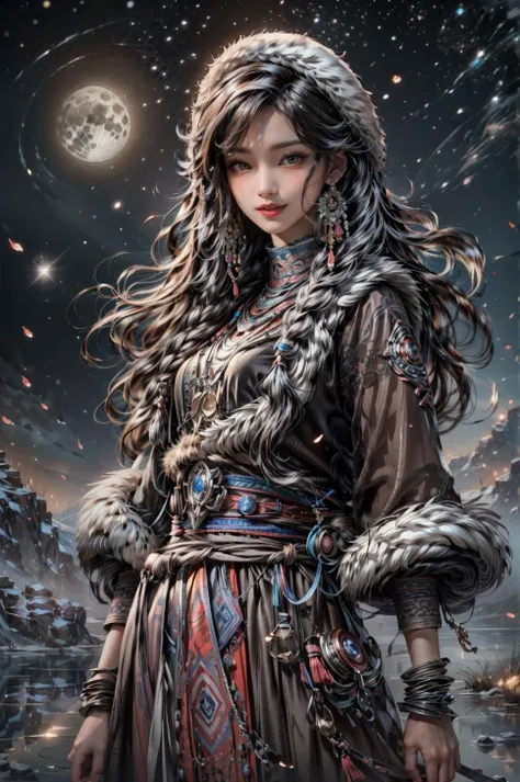<(best quality, extremery best quality, masterpiece:1.4), (realistic, intricate details:1.4), (photorealistic:1.4), (extremely intricate:1.4), highres, ultra highres, ultra detailed, ultra-detailed, absurdres, incredibly absurdres, extremely detailed, high quality, high resolution, hyperrealistic, ultra-realistic, hyper-detailed, top quality, best, fine detail, massive detail, Highly detailed, extreme detailed, highest detailed, high-res, absolutely resolution, reflection, (refraction:1.4), (hyperrealism:1.4)>, BREAK, (1girl:1.3), solo, looking at viewer, (young cute beautiful 18-year-old girl:1.4), 3d face, (hand of Guido Daniele:1.4), beautiful girl, Beautiful face, pretty, girlface, kpop idol,  supermodel, stunning innocent symmetry face, perfect body, medium breast, slim waist, slim legs, (high detailed skin:1.5), glowing eyes, goddess, natural skin texture, shiny skin, White skin, Beautiful detailed face, detailed face, real skin texture, cute delicate face, finely detailed face, golden ratio, golden ratio face, expressive eyes, perfect face, perfect skin, flawless face, clear face, shiny hair, pale skin, Proper body proportion, perfect anatomy, realistic skin texture, luscious lips, glossy lips, natural makeup, beautiful bright pupils, slender figure, intricate eyes, detailed pupils, detailed face and eyes, longeyelashes, blush, good hand, perfect hands, pretty face, beautiful female bodies, finely detailed skin, oily shiny skin, clean facial features, an extremely delicate and beautiful, cute & girly, beautiful detailed eyes, stars in the eyes, detailed simmetric eyes, perfect smooth skin texture, BREAK, (((((brilliant colors, (Tibetan, fur hat, front view, dancing, Prairie, sunset, mountain, Yak, sheep, ride a pink horse, river, pink horses on the river, Wolf:1.4), (Tibetan girl, bonfire, surrounded by vast grasslands, Tibetan tent, traditional clothes, braids, peaceful atmosphere, mountainous backdrop, camping trip, authentic cultural experience, night sky full of stars, crackling fire sounds, quiet whispers, hushed conversations, Tibetan tea, warm blankets, tranquil silence, crisp air,   soulful melodies,  traditional musical instruments, a sense of belonging, bonding with nature, quiet reflection:1.4), (smile, blush, Pink hair, Pink eye, long hair, Pink eyelashes, Pink lips, Pink lip colour, Eyes glowing Pink, flat bangs, happy expression, warm smile, cute smile, smiling:1.4), (long_hair, mountain background, forest, river in background, landscape, water reflection, outdoors:1.3), (night, Night time,  moon light,  Golden Hour, sky, landscape, stars, starry, galaxy sky, milky way:1.3), (mountains,    full moon background,  moutains, breeze,  dust is drifting, ethereal, scenery, nature, mysterious background, fog, wind:1.2),  (iridescent colors, Iridescence, mysterious, fantasy background, fantasy, open mouth:1.2), (Luminescent Particles:1.3), (fullbody:1.2), (eye focus,  face focus, character focus, close-up face:1.2), (dutch angle,  cowboy shot:1.3), colorful refraction)))), BREAK, <cinematic portrait, analog film photography, film emulation, bokeh, blurry noise background, watercolor, available light, detailed light,  volumetric fog,  beautiful lighting,  Rembrandt lighting,  Cinematic, pixel art,  game art,  key visual,  surreal,   PBR Texturing,   Anisotropic Filtering, Maximum Clarity And Sharpness, Albedo And Specular Maps, Multi-Layered Textures, Surface Shading, Sub-Pixel Convolution,  Sub-Pixel Convolution,  Accurate Simulation Of Light-Material Interaction, blurry foreground, broad light, volumetric light effect, matte painting, perfectly defined features, volumetric lighting, Tone Mapping, Lumen Reflections, Global illumination, Ray Tracing, Screen Space Global Illumination, Accent Lighting, 32k, Natural Lighting, volumetric, cinematic masterpiece, Rule of thirds, high dynamic range, Multi-exposure HDR capture, cinematic render, game cg cinematic, atmospheric perspective, movie scene, epic dynamic frame, motion blur, ((cinematic look, Film look)), rim light, 4k textures, adobe lightroom, photolab, insane details, hyperdetailed, exposure blend, professional color grading, professional color correction, aerial perspective, particles and dust in beams of light, cinematic scene, dynamic lighting, sharp details, lomography, soft focus, light leaks, bold hues, atmospheric depth, (explosive light and shadow:1.2), aesthetics, intricate designs, ultra realistic digital art, (zentangle, mandala, tangle, entangle), (fractal art), elegant, vivid colours, floating particles, particles, dramatic, epic, (ink drawing, oil painting detailed), (dramatic lighting:1.2), RAW, huge filesize, extremery detailed CG, Photo, 8k uhd, cinematic atmosphere, trending on artstation, award-winning glamour photograph, highly detailed photo, official art, beautiful and aesthetic, unity 8k wallpaper, beautiful, highly detailed CG illustration, best illustration, intricate, Amazing, emotional, analog, painting, digital painting, concept art, Oil Painting, illustration, Classical art, Renaissance, Romanticism, Neoclassicism, Color Palette, depth and contrast, Vibrant colors, saturated, rich saturation, color harmony, vivid palette, concept-art, design style, detail character, concept render, colorful, analog photography, dreamy atmosphere, specular highlights, atmospheric lighting, (dynamic angle, dynamic pose :1.3), (shiny, clothes reflecting light, lens flare, bloom effect, light particle, lens glare:1.3), realistic lighting, cinematic light, (cinematic lighting), light in the face, soft lighting, saturated colors, detailed background, sharp focus, 8k high definition, perspective, Master Composition, roughness, post-processing, soft shadows, realistic shadows, ambient occlusion, ray-tracing, subsurface scattering, photon mapping, physically-based rendering, octane rendering, unreal engine 5, ue5 rendering, Adobe After FX, dslr, RTX, Best character details, radiosity, sharp, antialiased, RAW photo, HDR, 8k, 4k, (((Photographed by Roger Deakins, using a RED Monstro 8K VV camera and a series of high-end lenses))), ((Hasselblad photography)), (film grain:1.4), Kodak portra 400, ((Fujifilm X-T5)), professional photograph, depth of field, caustics, Broad lighting, diffuse lighting, rim lighting, two tone lighting, textile details, visible pores, high resolution scan, professionally color graded, photographic reality, automatic white balance, best lighting, detailed shadow, high contrast, strong light and shadow>, (PureErosFace_V1:0.7), (ulzzang-6500:0.7), <lora:epiNoiseoffset_v3:2>, <lora:add_detail:0.7>, <lora:hipoly_3dcg_v7-epoch-000012:0.7>, (kbxll:0.7), <lora:more_details:0.7>,  <lora:Tibetan_v1:0.9>