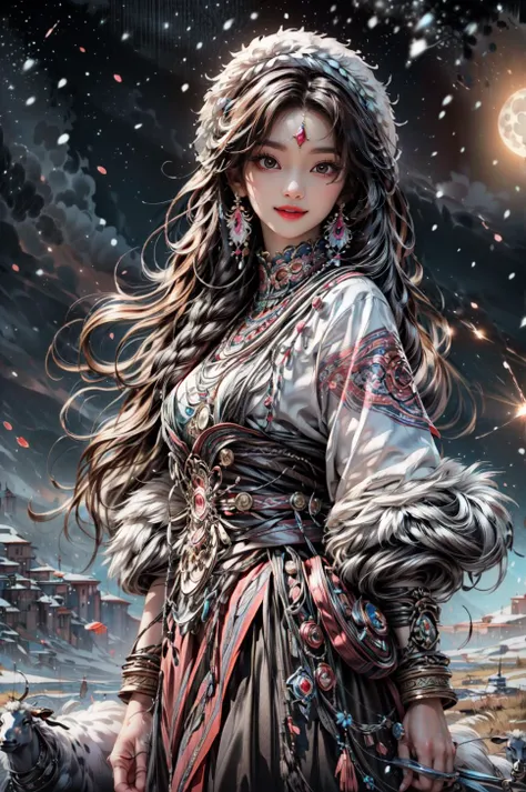 <(best quality, extremery best quality, masterpiece:1.4), (realistic, intricate details:1.4), (photorealistic:1.4), (extremely intricate:1.4), highres, ultra highres, ultra detailed, ultra-detailed, absurdres, incredibly absurdres, extremely detailed, high quality, high resolution, hyperrealistic, ultra-realistic, hyper-detailed, top quality, best, fine detail, massive detail, Highly detailed, extreme detailed, highest detailed, high-res, absolutely resolution, reflection, (refraction:1.4), (hyperrealism:1.4)>, BREAK, (1girl:1.3), solo, looking at viewer, (young cute beautiful 18-year-old girl:1.4), 3d face, (hand of Guido Daniele:1.4), beautiful girl, Beautiful face, pretty, girlface, kpop idol, supermodel, stunning innocent symmetry face, perfect body, medium breast, slim waist, slim legs, (high detailed skin:1.5), glowing eyes, goddess, natural skin texture, shiny skin, White skin, Beautiful detailed face, detailed face, real skin texture, cute delicate face, finely detailed face, golden ratio, golden ratio face, expressive eyes, perfect face, perfect skin, flawless face, clear face, shiny hair, pale skin, Proper body proportion, perfect anatomy, realistic skin texture, luscious lips, glossy lips, natural makeup, beautiful bright pupils, slender figure, intricate eyes, detailed pupils, detailed face and eyes, longeyelashes, blush, good hand, perfect hands, pretty face, beautiful female bodies, finely detailed skin, oily shiny skin, clean facial features, an extremely delicate and beautiful, cute & girly, beautiful detailed eyes, stars in the eyes, detailed simmetric eyes, perfect smooth skin texture, BREAK, (((((brilliant colors, (Tibetan, fur hat, front view, dancing, Prairie, sunset, mountain, Yak, sheep, ride a pink horse, river, pink horses on the river, Wolf:1.4), (Tibetan girl, bonfire, surrounded by vast grasslands, Tibetan tent, traditional clothes, braids, peaceful atmosphere, mountainous backdrop, camping trip, authentic cultural experience, night sky full of stars, crackling fire sounds, quiet whispers, hushed conversations, Tibetan tea, warm blankets, tranquil silence, crisp air, soulful melodies, traditional musical instruments, a sense of belonging, bonding with nature, quiet reflection:1.4), (smile, blush, Pink hair, Pink eye, long hair, Pink eyelashes, Pink lips, Pink lip colour, Eyes glowing Pink, flat bangs, happy expression, warm smile, cute smile, smiling:1.4), (long_hair, mountain background, forest, river in background, landscape, water reflection, outdoors:1.3), (night, Night time, moon light, Golden Hour, sky, landscape, stars, starry, galaxy sky, milky way:1.3), (mountains, full moon background, moutains, breeze, dust is drifting, ethereal, scenery, nature, mysterious background, fog, wind:1.2), (iridescent colors, Iridescence, mysterious, fantasy background, fantasy, open mouth:1.2), (Luminescent Particles:1.3), (fullbody:1.2), (eye focus, face focus, character focus, close-up face:1.2), (dutch angle, cowboy shot:1.3), colorful refraction)))), BREAK, <cinematic portrait, analog film photography, film emulation, bokeh, blurry noise background, watercolor, available light, detailed light, volumetric fog, beautiful lighting, Rembrandt lighting, Cinematic, pixel art, game art, key visual, surreal, PBR Texturing, Anisotropic Filtering, Maximum Clarity And Sharpness, Albedo And Specular Maps, Multi-Layered Textures, Surface Shading, Sub-Pixel Convolution, Sub-Pixel Convolution, Accurate Simulation Of Light-Material Interaction, blurry foreground, broad light, volumetric light effect, matte painting, perfectly defined features, volumetric lighting, Tone Mapping, Lumen Reflections, Global illumination, Ray Tracing, Screen Space Global Illumination, Accent Lighting, 32k, Natural Lighting, volumetric, cinematic masterpiece, Rule of thirds, high dynamic range, Multi-exposure HDR capture, cinematic render, game cg cinematic, atmospheric perspective, movie scene, epic dynamic frame, motion blur, ((cinematic look, Film look)), rim light, 4k textures, adobe lightroom, photolab, insane details, hyperdetailed, exposure blend, professional color grading, professional color correction, aerial perspective, particles and dust in beams of light, cinematic scene, dynamic lighting, sharp details, lomography, soft focus, light leaks, bold hues, atmospheric depth, (explosive light and shadow:1.2), aesthetics, intricate designs, ultra realistic digital art, (zentangle, mandala, tangle, entangle), (fractal art), elegant, vivid colours, floating particles, particles, dramatic, epic, (ink drawing, oil painting detailed), (dramatic lighting:1.2), RAW, huge filesize, extremery detailed CG, Photo, 8k uhd, cinematic atmosphere, trending on artstation, award-winning glamour photograph, highly detailed photo, official art, beautiful and aesthetic, unity 8k wallpaper, beautiful, highly detailed CG illustration, best illustration, intricate, Amazing, emotional, analog, painting, digital painting, concept art, Oil Painting, illustration, Classical art, Renaissance, Romanticism, Neoclassicism, Color Palette, depth and contrast, Vibrant colors, saturated, rich saturation, color harmony, vivid palette, concept-art, design style, detail character, concept render, colorful, analog photography, dreamy atmosphere, specular highlights, atmospheric lighting, (dynamic angle, dynamic pose :1.3), (shiny, clothes reflecting light, lens flare, bloom effect, light particle, lens glare:1.3), realistic lighting, cinematic light, (cinematic lighting), light in the face, soft lighting, saturated colors, detailed background, sharp focus, 8k high definition, perspective, Master Composition, roughness, post-processing, soft shadows, realistic shadows, ambient occlusion, ray-tracing, subsurface scattering, photon mapping, physically-based rendering, octane rendering, unreal engine 5, ue5 rendering, Adobe After FX, dslr, RTX, Best character details, radiosity, sharp, antialiased, RAW photo, HDR, 8k, 4k, (((Photographed by Roger Deakins, using a RED Monstro 8K VV camera and a series of high-end lenses))), ((Hasselblad photography)), (film grain:1.4), Kodak portra 400, ((Fujifilm X-T5)), professional photograph, depth of field, caustics, Broad lighting, diffuse lighting, rim lighting, two tone lighting, textile details, visible pores, high resolution scan, professionally color graded, photographic reality, automatic white balance, best lighting, detailed shadow, high contrast, strong light and shadow>, (PureErosFace_V1:0.7), (ulzzang-6500:0.7), <lora:epiNoiseoffset_v3:2>, <lora:add_detail:0.7>, <lora:hipoly_3dcg_v7-epoch-000012:0.7>, (kbxll:0.7), <lora:more_details:0.7>, <lora:Tibetan_v1:0.9>