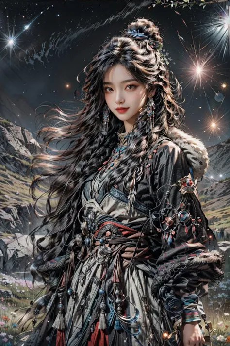 <(best quality, extremery best quality, masterpiece:1.4), (realistic, intricate details:1.4), (photorealistic:1.4), (extremely intricate:1.4), highres, ultra highres, ultra detailed, ultra-detailed, absurdres, incredibly absurdres, extremely detailed, high quality, high resolution, hyperrealistic, ultra-realistic, hyper-detailed, top quality, best, fine detail, massive detail, Highly detailed, extreme detailed, highest detailed, high-res, absolutely resolution, reflection, (refraction:1.4), (hyperrealism:1.4)>, BREAK, (1girl:1.3), solo, looking at viewer, (young cute beautiful 18-year-old girl:1.4), 3d face, (hand of Guido Daniele:1.4), beautiful girl, Beautiful face, pretty, girlface, kpop idol,  supermodel, stunning innocent symmetry face, perfect body, medium breast, slim waist, slim legs, (high detailed skin:1.5), glowing eyes, goddess, natural skin texture, shiny skin, White skin, Beautiful detailed face, detailed face, real skin texture, cute delicate face, finely detailed face, golden ratio, golden ratio face, expressive eyes, perfect face, perfect skin, flawless face, clear face, shiny hair, pale skin, Proper body proportion, perfect anatomy, realistic skin texture, luscious lips, glossy lips, natural makeup, beautiful bright pupils, slender figure, intricate eyes, detailed pupils, detailed face and eyes, longeyelashes, blush, good hand, perfect hands, pretty face, beautiful female bodies, finely detailed skin, oily shiny skin, clean facial features, an extremely delicate and beautiful, cute & girly, beautiful detailed eyes, stars in the eyes, detailed simmetric eyes, perfect smooth skin texture, BREAK, (((((brilliant colors, (Tibetan, fur hat, front view, dancing, Prairie, sunset, mountain, Yak, sheep, ride a pink horse, river, pink horses on the river, Wolf:1.4), (Tibetan girl, bonfire, surrounded by vast grasslands, Tibetan tent, traditional clothes, braids, peaceful atmosphere, mountainous backdrop, camping trip, authentic cultural experience, night sky full of stars, crackling fire sounds, quiet whispers, hushed conversations, Tibetan tea, warm blankets, tranquil silence, crisp air,   soulful melodies,  traditional musical instruments, a sense of belonging, bonding with nature, quiet reflection:1.4), (smile, blush, Pink hair, Pink eye, long hair, Pink eyelashes, Pink lips, Pink lip colour, Eyes glowing Pink, flat bangs, happy expression, warm smile, cute smile, smiling:1.4), (long_hair, mountain background, forest, river in background, landscape, water reflection, outdoors:1.3), (night, Night time,  moon light,  Golden Hour, sky, landscape, stars, starry, galaxy sky, milky way:1.3), (mountains,    full moon background,  moutains, breeze,  dust is drifting, ethereal, scenery, nature, mysterious background, fog, wind:1.2),  (iridescent colors, Iridescence, mysterious, fantasy background, fantasy, open mouth:1.2), (Luminescent Particles:1.3), (fullbody:1.2), (eye focus,  face focus, character focus, close-up face:1.2), (dutch angle,  cowboy shot:1.3), colorful refraction)))), BREAK, <cinematic portrait, analog film photography, film emulation, bokeh, blurry noise background, watercolor, available light, detailed light,  volumetric fog,  beautiful lighting,  Rembrandt lighting,  Cinematic, pixel art,  game art,  key visual,  surreal,   PBR Texturing,   Anisotropic Filtering, Maximum Clarity And Sharpness, Albedo And Specular Maps, Multi-Layered Textures, Surface Shading, Sub-Pixel Convolution,  Sub-Pixel Convolution,  Accurate Simulation Of Light-Material Interaction, blurry foreground, broad light, volumetric light effect, matte painting, perfectly defined features, volumetric lighting, Tone Mapping, Lumen Reflections, Global illumination, Ray Tracing, Screen Space Global Illumination, Accent Lighting, 32k, Natural Lighting, volumetric, cinematic masterpiece, Rule of thirds, high dynamic range, Multi-exposure HDR capture, cinematic render, game cg cinematic, atmospheric perspective, movie scene, epic dynamic frame, motion blur, ((cinematic look, Film look)), rim light, 4k textures, adobe lightroom, photolab, insane details, hyperdetailed, exposure blend, professional color grading, professional color correction, aerial perspective, particles and dust in beams of light, cinematic scene, dynamic lighting, sharp details, lomography, soft focus, light leaks, bold hues, atmospheric depth, (explosive light and shadow:1.2), aesthetics, intricate designs, ultra realistic digital art, (zentangle, mandala, tangle, entangle), (fractal art), elegant, vivid colours, floating particles, particles, dramatic, epic, (ink drawing, oil painting detailed), (dramatic lighting:1.2), RAW, huge filesize, extremery detailed CG, Photo, 8k uhd, cinematic atmosphere, trending on artstation, award-winning glamour photograph, highly detailed photo, official art, beautiful and aesthetic, unity 8k wallpaper, beautiful, highly detailed CG illustration, best illustration, intricate, Amazing, emotional, analog, painting, digital painting, concept art, Oil Painting, illustration, Classical art, Renaissance, Romanticism, Neoclassicism, Color Palette, depth and contrast, Vibrant colors, saturated, rich saturation, color harmony, vivid palette, concept-art, design style, detail character, concept render, colorful, analog photography, dreamy atmosphere, specular highlights, atmospheric lighting, (dynamic angle, dynamic pose :1.3), (shiny, clothes reflecting light, lens flare, bloom effect, light particle, lens glare:1.3), realistic lighting, cinematic light, (cinematic lighting), light in the face, soft lighting, saturated colors, detailed background, sharp focus, 8k high definition, perspective, Master Composition, roughness, post-processing, soft shadows, realistic shadows, ambient occlusion, ray-tracing, subsurface scattering, photon mapping, physically-based rendering, octane rendering, unreal engine 5, ue5 rendering, Adobe After FX, dslr, RTX, Best character details, radiosity, sharp, antialiased, RAW photo, HDR, 8k, 4k, (((Photographed by Roger Deakins, using a RED Monstro 8K VV camera and a series of high-end lenses))), ((Hasselblad photography)), (film grain:1.4), Kodak portra 400, ((Fujifilm X-T5)), professional photograph, depth of field, caustics, Broad lighting, diffuse lighting, rim lighting, two tone lighting, textile details, visible pores, high resolution scan, professionally color graded, photographic reality, automatic white balance, best lighting, detailed shadow, high contrast, strong light and shadow>, (PureErosFace_V1:0.7), (ulzzang-6500:0.7), <lora:epiNoiseoffset_v3:2>, <lora:add_detail:0.7>, <lora:hipoly_3dcg_v7-epoch-000012:0.7>, (kbxll:0.7), <lora:more_details:0.7>,  <lora:Tibetan_v1:0.9>