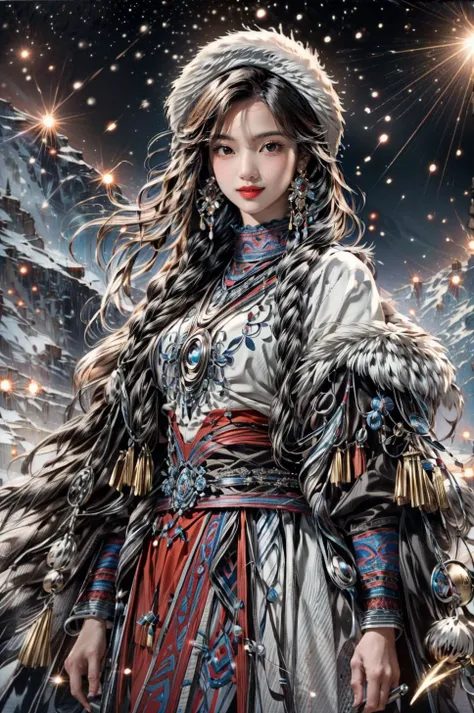 <(best quality, extremery best quality, masterpiece:1.4), (realistic, intricate details:1.4), (photorealistic:1.4), (extremely intricate:1.4), highres, ultra highres, ultra detailed, ultra-detailed, absurdres, incredibly absurdres, extremely detailed, high quality, high resolution, hyperrealistic, ultra-realistic, hyper-detailed, top quality, best, fine detail, massive detail, Highly detailed, extreme detailed, highest detailed, high-res, absolutely resolution, reflection, (refraction:1.4), (hyperrealism:1.4)>, BREAK, (1girl:1.3), solo, looking at viewer, (young cute beautiful 18-year-old girl:1.4), 3d face, (hand of Guido Daniele:1.4), beautiful girl, Beautiful face, pretty, girlface, kpop idol, supermodel, stunning innocent symmetry face, perfect body, medium breast, slim waist, slim legs, (high detailed skin:1.5), glowing eyes, goddess, natural skin texture, shiny skin, White skin, Beautiful detailed face, detailed face, real skin texture, cute delicate face, finely detailed face, golden ratio, golden ratio face, expressive eyes, perfect face, perfect skin, flawless face, clear face, shiny hair, pale skin, Proper body proportion, perfect anatomy, realistic skin texture, luscious lips, glossy lips, natural makeup, beautiful bright pupils, slender figure, intricate eyes, detailed pupils, detailed face and eyes, longeyelashes, blush, good hand, perfect hands, pretty face, beautiful female bodies, finely detailed skin, oily shiny skin, clean facial features, an extremely delicate and beautiful, cute & girly, beautiful detailed eyes, stars in the eyes, detailed simmetric eyes, perfect smooth skin texture, BREAK, (((((brilliant colors, (Tibetan, fur hat, front view, dancing, Prairie, sunset, mountain, Yak, sheep, ride a pink horse, river, pink horses on the river, Wolf:1.4), (Tibetan girl, bonfire, surrounded by vast grasslands, Tibetan tent, traditional clothes, braids, peaceful atmosphere, mountainous backdrop, camping trip, authentic cultural experience, night sky full of stars, crackling fire sounds, quiet whispers, hushed conversations, Tibetan tea, warm blankets, tranquil silence, crisp air, soulful melodies, traditional musical instruments, a sense of belonging, bonding with nature, quiet reflection:1.4), (smile, blush, Pink hair, Pink eye, long hair, Pink eyelashes, Pink lips, Pink lip colour, Eyes glowing Pink, flat bangs, happy expression, warm smile, cute smile, smiling:1.4), (long_hair, mountain background, forest, river in background, landscape, water reflection, outdoors:1.3), (night, Night time, moon light, Golden Hour, sky, landscape, stars, starry, galaxy sky, milky way:1.3), (mountains, full moon background, moutains, breeze, dust is drifting, ethereal, scenery, nature, mysterious background, fog, wind:1.2), (iridescent colors, Iridescence, mysterious, fantasy background, fantasy, open mouth:1.2), (Luminescent Particles:1.3), (fullbody:1.2), (eye focus, face focus, character focus, close-up face:1.2), (dutch angle, cowboy shot:1.3), colorful refraction)))), BREAK, <cinematic portrait, analog film photography, film emulation, bokeh, blurry noise background, watercolor, available light, detailed light, volumetric fog, beautiful lighting, Rembrandt lighting, Cinematic, pixel art, game art, key visual, surreal, PBR Texturing, Anisotropic Filtering, Maximum Clarity And Sharpness, Albedo And Specular Maps, Multi-Layered Textures, Surface Shading, Sub-Pixel Convolution, Sub-Pixel Convolution, Accurate Simulation Of Light-Material Interaction, blurry foreground, broad light, volumetric light effect, matte painting, perfectly defined features, volumetric lighting, Tone Mapping, Lumen Reflections, Global illumination, Ray Tracing, Screen Space Global Illumination, Accent Lighting, 32k, Natural Lighting, volumetric, cinematic masterpiece, Rule of thirds, high dynamic range, Multi-exposure HDR capture, cinematic render, game cg cinematic, atmospheric perspective, movie scene, epic dynamic frame, motion blur, ((cinematic look, Film look)), rim light, 4k textures, adobe lightroom, photolab, insane details, hyperdetailed, exposure blend, professional color grading, professional color correction, aerial perspective, particles and dust in beams of light, cinematic scene, dynamic lighting, sharp details, lomography, soft focus, light leaks, bold hues, atmospheric depth, (explosive light and shadow:1.2), aesthetics, intricate designs, ultra realistic digital art, (zentangle, mandala, tangle, entangle), (fractal art), elegant, vivid colours, floating particles, particles, dramatic, epic, (ink drawing, oil painting detailed), (dramatic lighting:1.2), RAW, huge filesize, extremery detailed CG, Photo, 8k uhd, cinematic atmosphere, trending on artstation, award-winning glamour photograph, highly detailed photo, official art, beautiful and aesthetic, unity 8k wallpaper, beautiful, highly detailed CG illustration, best illustration, intricate, Amazing, emotional, analog, painting, digital painting, concept art, Oil Painting, illustration, Classical art, Renaissance, Romanticism, Neoclassicism, Color Palette, depth and contrast, Vibrant colors, saturated, rich saturation, color harmony, vivid palette, concept-art, design style, detail character, concept render, colorful, analog photography, dreamy atmosphere, specular highlights, atmospheric lighting, (dynamic angle, dynamic pose :1.3), (shiny, clothes reflecting light, lens flare, bloom effect, light particle, lens glare:1.3), realistic lighting, cinematic light, (cinematic lighting), light in the face, soft lighting, saturated colors, detailed background, sharp focus, 8k high definition, perspective, Master Composition, roughness, post-processing, soft shadows, realistic shadows, ambient occlusion, ray-tracing, subsurface scattering, photon mapping, physically-based rendering, octane rendering, unreal engine 5, ue5 rendering, Adobe After FX, dslr, RTX, Best character details, radiosity, sharp, antialiased, RAW photo, HDR, 8k, 4k, (((Photographed by Roger Deakins, using a RED Monstro 8K VV camera and a series of high-end lenses))), ((Hasselblad photography)), (film grain:1.4), Kodak portra 400, ((Fujifilm X-T5)), professional photograph, depth of field, caustics, Broad lighting, diffuse lighting, rim lighting, two tone lighting, textile details, visible pores, high resolution scan, professionally color graded, photographic reality, automatic white balance, best lighting, detailed shadow, high contrast, strong light and shadow>, (PureErosFace_V1:0.7), (ulzzang-6500:0.7), <lora:epiNoiseoffset_v3:2>, <lora:add_detail:0.7>, <lora:hipoly_3dcg_v7-epoch-000012:0.7>, (kbxll:0.7), <lora:more_details:0.7>, <lora:Tibetan_v1:0.9>