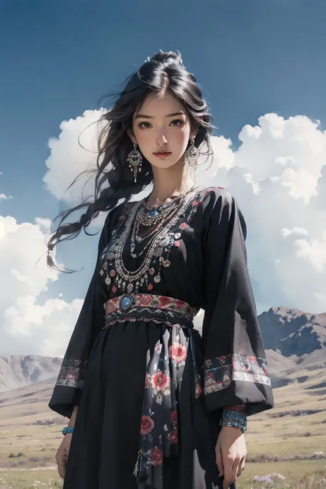 <lora:Tibetan_v1:0.9>, blue sky, outdoors, cowboy shot, looking at viewer, masterpiece, best quality, 1girl,