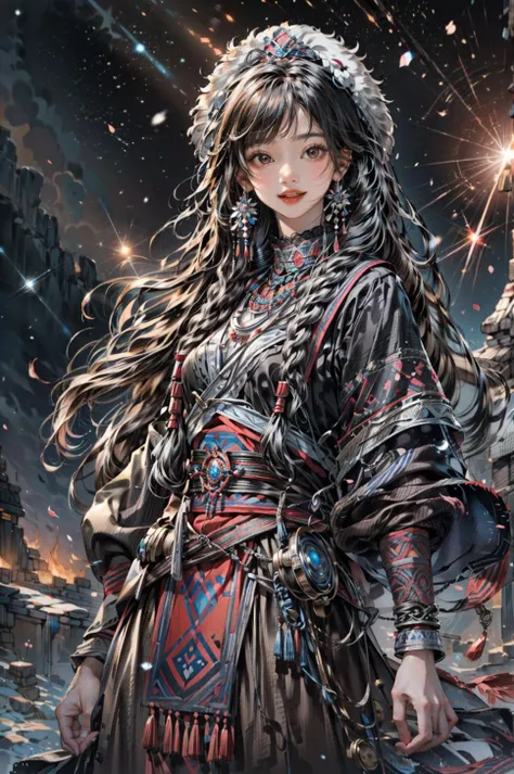 <(best quality, extremery best quality, masterpiece:1.4), (realistic, intricate details:1.4), (photorealistic:1.4), (extremely intricate:1.4), highres, ultra highres, ultra detailed, ultra-detailed, absurdres, incredibly absurdres, extremely detailed, high quality, high resolution, hyperrealistic, ultra-realistic, hyper-detailed, top quality, best, fine detail, massive detail, Highly detailed, extreme detailed, highest detailed, high-res, absolutely resolution, reflection, (refraction:1.4), (hyperrealism:1.4)>, BREAK, (1girl:1.3), solo, looking at viewer, (young cute beautiful 18-year-old girl:1.4), 3d face, (hand of Guido Daniele:1.4), beautiful girl, Beautiful face, pretty, girlface, kpop idol, supermodel, stunning innocent symmetry face, perfect body, medium breast, slim waist, slim legs, (high detailed skin:1.5), glowing eyes, goddess, natural skin texture, shiny skin, White skin, Beautiful detailed face, detailed face, real skin texture, cute delicate face, finely detailed face, golden ratio, golden ratio face, expressive eyes, perfect face, perfect skin, flawless face, clear face, shiny hair, pale skin, Proper body proportion, perfect anatomy, realistic skin texture, luscious lips, glossy lips, natural makeup, beautiful bright pupils, slender figure, intricate eyes, detailed pupils, detailed face and eyes, longeyelashes, blush, good hand, perfect hands, pretty face, beautiful female bodies, finely detailed skin, oily shiny skin, clean facial features, an extremely delicate and beautiful, cute & girly, beautiful detailed eyes, stars in the eyes, detailed simmetric eyes, perfect smooth skin texture, BREAK, (((((brilliant colors, (Tibetan, fur hat, front view, dancing, Prairie, sunset, mountain, Yak, sheep, ride a pink horse, river, pink horses on the river, Wolf:1.4), (Tibetan girl, bonfire, surrounded by vast grasslands, Tibetan tent, traditional clothes, braids, peaceful atmosphere, mountainous backdrop, camping trip, authentic cultural experience, night sky full of stars, crackling fire sounds, quiet whispers, hushed conversations, Tibetan tea, warm blankets, tranquil silence, crisp air, soulful melodies, traditional musical instruments, a sense of belonging, bonding with nature, quiet reflection:1.4), (smile, blush, Pink hair, Pink eye, long hair, Pink eyelashes, Pink lips, Pink lip colour, Eyes glowing Pink, flat bangs, happy expression, warm smile, cute smile, smiling:1.4), (long_hair, mountain background, forest, river in background, landscape, water reflection, outdoors:1.3), (night, Night time, moon light, Golden Hour, sky, landscape, stars, starry, galaxy sky, milky way:1.3), (mountains, full moon background, moutains, breeze, dust is drifting, ethereal, scenery, nature, mysterious background, fog, wind:1.2), (iridescent colors, Iridescence, mysterious, fantasy background, fantasy, open mouth:1.2), (Luminescent Particles:1.3), (fullbody:1.2), (eye focus, face focus, character focus, close-up face:1.2), (dutch angle, cowboy shot:1.3), colorful refraction)))), BREAK, <cinematic portrait, analog film photography, film emulation, bokeh, blurry noise background, watercolor, available light, detailed light, volumetric fog, beautiful lighting, Rembrandt lighting, Cinematic, pixel art, game art, key visual, surreal, PBR Texturing, Anisotropic Filtering, Maximum Clarity And Sharpness, Albedo And Specular Maps, Multi-Layered Textures, Surface Shading, Sub-Pixel Convolution, Sub-Pixel Convolution, Accurate Simulation Of Light-Material Interaction, blurry foreground, broad light, volumetric light effect, matte painting, perfectly defined features, volumetric lighting, Tone Mapping, Lumen Reflections, Global illumination, Ray Tracing, Screen Space Global Illumination, Accent Lighting, 32k, Natural Lighting, volumetric, cinematic masterpiece, Rule of thirds, high dynamic range, Multi-exposure HDR capture, cinematic render, game cg cinematic, atmospheric perspective, movie scene, epic dynamic frame, motion blur, ((cinematic look, Film look)), rim light, 4k textures, adobe lightroom, photolab, insane details, hyperdetailed, exposure blend, professional color grading, professional color correction, aerial perspective, particles and dust in beams of light, cinematic scene, dynamic lighting, sharp details, lomography, soft focus, light leaks, bold hues, atmospheric depth, (explosive light and shadow:1.2), aesthetics, intricate designs, ultra realistic digital art, (zentangle, mandala, tangle, entangle), (fractal art), elegant, vivid colours, floating particles, particles, dramatic, epic, (ink drawing, oil painting detailed), (dramatic lighting:1.2), RAW, huge filesize, extremery detailed CG, Photo, 8k uhd, cinematic atmosphere, trending on artstation, award-winning glamour photograph, highly detailed photo, official art, beautiful and aesthetic, unity 8k wallpaper, beautiful, highly detailed CG illustration, best illustration, intricate, Amazing, emotional, analog, painting, digital painting, concept art, Oil Painting, illustration, Classical art, Renaissance, Romanticism, Neoclassicism, Color Palette, depth and contrast, Vibrant colors, saturated, rich saturation, color harmony, vivid palette, concept-art, design style, detail character, concept render, colorful, analog photography, dreamy atmosphere, specular highlights, atmospheric lighting, (dynamic angle, dynamic pose :1.3), (shiny, clothes reflecting light, lens flare, bloom effect, light particle, lens glare:1.3), realistic lighting, cinematic light, (cinematic lighting), light in the face, soft lighting, saturated colors, detailed background, sharp focus, 8k high definition, perspective, Master Composition, roughness, post-processing, soft shadows, realistic shadows, ambient occlusion, ray-tracing, subsurface scattering, photon mapping, physically-based rendering, octane rendering, unreal engine 5, ue5 rendering, Adobe After FX, dslr, RTX, Best character details, radiosity, sharp, antialiased, RAW photo, HDR, 8k, 4k, (((Photographed by Roger Deakins, using a RED Monstro 8K VV camera and a series of high-end lenses))), ((Hasselblad photography)), (film grain:1.4), Kodak portra 400, ((Fujifilm X-T5)), professional photograph, depth of field, caustics, Broad lighting, diffuse lighting, rim lighting, two tone lighting, textile details, visible pores, high resolution scan, professionally color graded, photographic reality, automatic white balance, best lighting, detailed shadow, high contrast, strong light and shadow>, (PureErosFace_V1:0.7), (ulzzang-6500:0.7), <lora:epiNoiseoffset_v3:2>, <lora:add_detail:0.7>, <lora:hipoly_3dcg_v7-epoch-000012:0.7>, (kbxll:0.7), <lora:more_details:0.7>, <lora:Tibetan_v1:0.9>