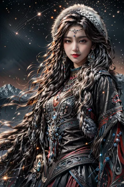 <(best quality, extremery best quality, masterpiece:1.4), (realistic, intricate details:1.4), (photorealistic:1.4), (extremely intricate:1.4), highres, ultra highres, ultra detailed, ultra-detailed, absurdres, incredibly absurdres, extremely detailed, high quality, high resolution, hyperrealistic, ultra-realistic, hyper-detailed, top quality, best, fine detail, massive detail, Highly detailed, extreme detailed, highest detailed, high-res, absolutely resolution, reflection, (refraction:1.4), (hyperrealism:1.4)>, BREAK, (1girl:1.3), solo, looking at viewer, (young cute beautiful 18-year-old girl:1.4), 3d face, (hand of Guido Daniele:1.4), beautiful girl, Beautiful face, pretty, girlface, kpop idol, supermodel, stunning innocent symmetry face, perfect body, medium breast, slim waist, slim legs, (high detailed skin:1.5), glowing eyes, goddess, natural skin texture, shiny skin, White skin, Beautiful detailed face, detailed face, real skin texture, cute delicate face, finely detailed face, golden ratio, golden ratio face, expressive eyes, perfect face, perfect skin, flawless face, clear face, shiny hair, pale skin, Proper body proportion, perfect anatomy, realistic skin texture, luscious lips, glossy lips, natural makeup, beautiful bright pupils, slender figure, intricate eyes, detailed pupils, detailed face and eyes, longeyelashes, blush, good hand, perfect hands, pretty face, beautiful female bodies, finely detailed skin, oily shiny skin, clean facial features, an extremely delicate and beautiful, cute & girly, beautiful detailed eyes, stars in the eyes, detailed simmetric eyes, perfect smooth skin texture, BREAK, (((((brilliant colors, (Tibetan, fur hat, front view, dancing, Prairie, sunset, mountain, Yak, sheep, ride a pink horse, river, pink horses on the river, Wolf:1.4), (Tibetan girl, bonfire, surrounded by vast grasslands, Tibetan tent, traditional clothes, braids, peaceful atmosphere, mountainous backdrop, camping trip, authentic cultural experience, night sky full of stars, crackling fire sounds, quiet whispers, hushed conversations, Tibetan tea, warm blankets, tranquil silence, crisp air, soulful melodies, traditional musical instruments, a sense of belonging, bonding with nature, quiet reflection:1.4), (smile, blush, Pink hair, Pink eye, long hair, Pink eyelashes, Pink lips, Pink lip colour, Eyes glowing Pink, flat bangs, happy expression, warm smile, cute smile, smiling:1.4), (long_hair, mountain background, forest, river in background, landscape, water reflection, outdoors:1.3), (night, Night time, moon light, Golden Hour, sky, landscape, stars, starry, galaxy sky, milky way:1.3), (mountains, full moon background, moutains, breeze, dust is drifting, ethereal, scenery, nature, mysterious background, fog, wind:1.2), (iridescent colors, Iridescence, mysterious, fantasy background, fantasy, open mouth:1.2), (Luminescent Particles:1.3), (fullbody:1.2), (eye focus, face focus, character focus, close-up face:1.2), (dutch angle, cowboy shot:1.3), colorful refraction)))), BREAK, <cinematic portrait, analog film photography, film emulation, bokeh, blurry noise background, watercolor, available light, detailed light, volumetric fog, beautiful lighting, Rembrandt lighting, Cinematic, pixel art, game art, key visual, surreal, PBR Texturing, Anisotropic Filtering, Maximum Clarity And Sharpness, Albedo And Specular Maps, Multi-Layered Textures, Surface Shading, Sub-Pixel Convolution, Sub-Pixel Convolution, Accurate Simulation Of Light-Material Interaction, blurry foreground, broad light, volumetric light effect, matte painting, perfectly defined features, volumetric lighting, Tone Mapping, Lumen Reflections, Global illumination, Ray Tracing, Screen Space Global Illumination, Accent Lighting, 32k, Natural Lighting, volumetric, cinematic masterpiece, Rule of thirds, high dynamic range, Multi-exposure HDR capture, cinematic render, game cg cinematic, atmospheric perspective, movie scene, epic dynamic frame, motion blur, ((cinematic look, Film look)), rim light, 4k textures, adobe lightroom, photolab, insane details, hyperdetailed, exposure blend, professional color grading, professional color correction, aerial perspective, particles and dust in beams of light, cinematic scene, dynamic lighting, sharp details, lomography, soft focus, light leaks, bold hues, atmospheric depth, (explosive light and shadow:1.2), aesthetics, intricate designs, ultra realistic digital art, (zentangle, mandala, tangle, entangle), (fractal art), elegant, vivid colours, floating particles, particles, dramatic, epic, (ink drawing, oil painting detailed), (dramatic lighting:1.2), RAW, huge filesize, extremery detailed CG, Photo, 8k uhd, cinematic atmosphere, trending on artstation, award-winning glamour photograph, highly detailed photo, official art, beautiful and aesthetic, unity 8k wallpaper, beautiful, highly detailed CG illustration, best illustration, intricate, Amazing, emotional, analog, painting, digital painting, concept art, Oil Painting, illustration, Classical art, Renaissance, Romanticism, Neoclassicism, Color Palette, depth and contrast, Vibrant colors, saturated, rich saturation, color harmony, vivid palette, concept-art, design style, detail character, concept render, colorful, analog photography, dreamy atmosphere, specular highlights, atmospheric lighting, (dynamic angle, dynamic pose :1.3), (shiny, clothes reflecting light, lens flare, bloom effect, light particle, lens glare:1.3), realistic lighting, cinematic light, (cinematic lighting), light in the face, soft lighting, saturated colors, detailed background, sharp focus, 8k high definition, perspective, Master Composition, roughness, post-processing, soft shadows, realistic shadows, ambient occlusion, ray-tracing, subsurface scattering, photon mapping, physically-based rendering, octane rendering, unreal engine 5, ue5 rendering, Adobe After FX, dslr, RTX, Best character details, radiosity, sharp, antialiased, RAW photo, HDR, 8k, 4k, (((Photographed by Roger Deakins, using a RED Monstro 8K VV camera and a series of high-end lenses))), ((Hasselblad photography)), (film grain:1.4), Kodak portra 400, ((Fujifilm X-T5)), professional photograph, depth of field, caustics, Broad lighting, diffuse lighting, rim lighting, two tone lighting, textile details, visible pores, high resolution scan, professionally color graded, photographic reality, automatic white balance, best lighting, detailed shadow, high contrast, strong light and shadow>, (PureErosFace_V1:0.7), (ulzzang-6500:0.7), <lora:epiNoiseoffset_v3:2>, <lora:add_detail:0.7>, <lora:hipoly_3dcg_v7-epoch-000012:0.7>, (kbxll:0.7), <lora:more_details:0.7>, <lora:Tibetan_v1:0.9>